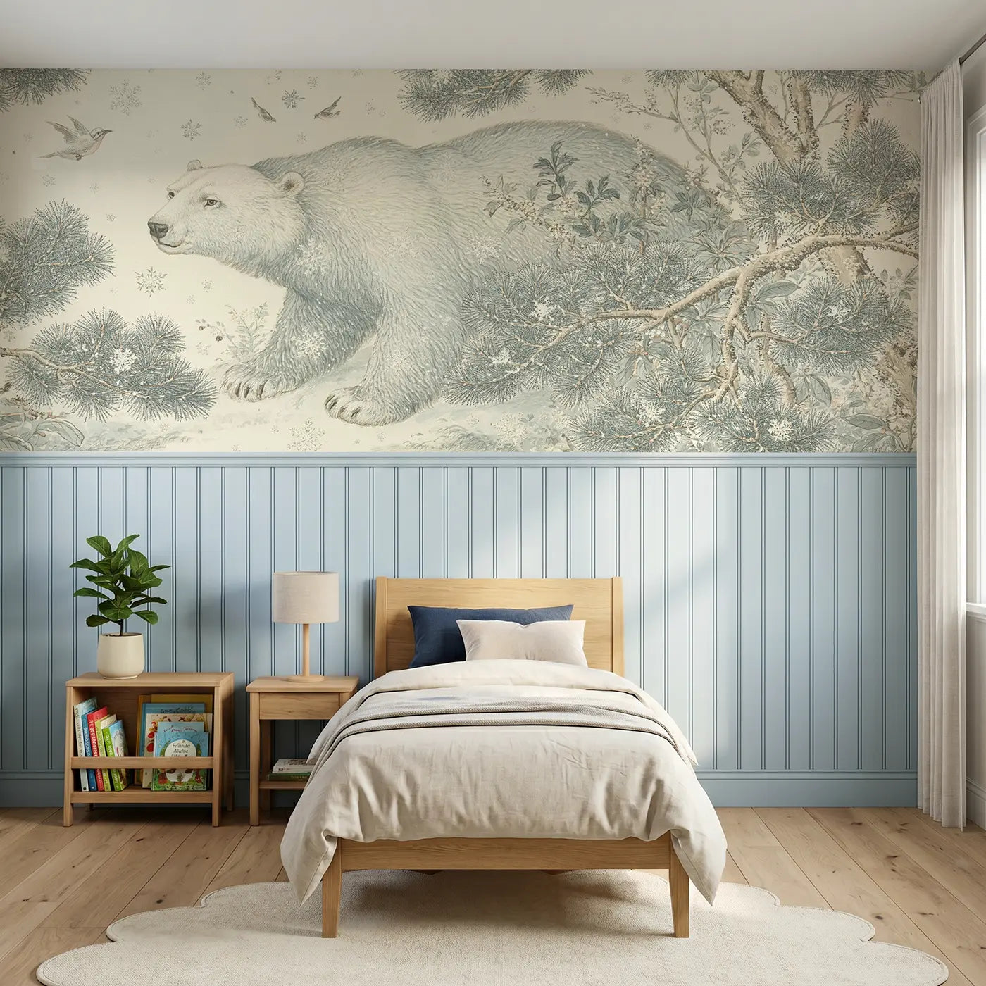 Botanical Elegance polar bear pine branch toile wainscoting wallpaper for bedroom by Whimsy Tots.
