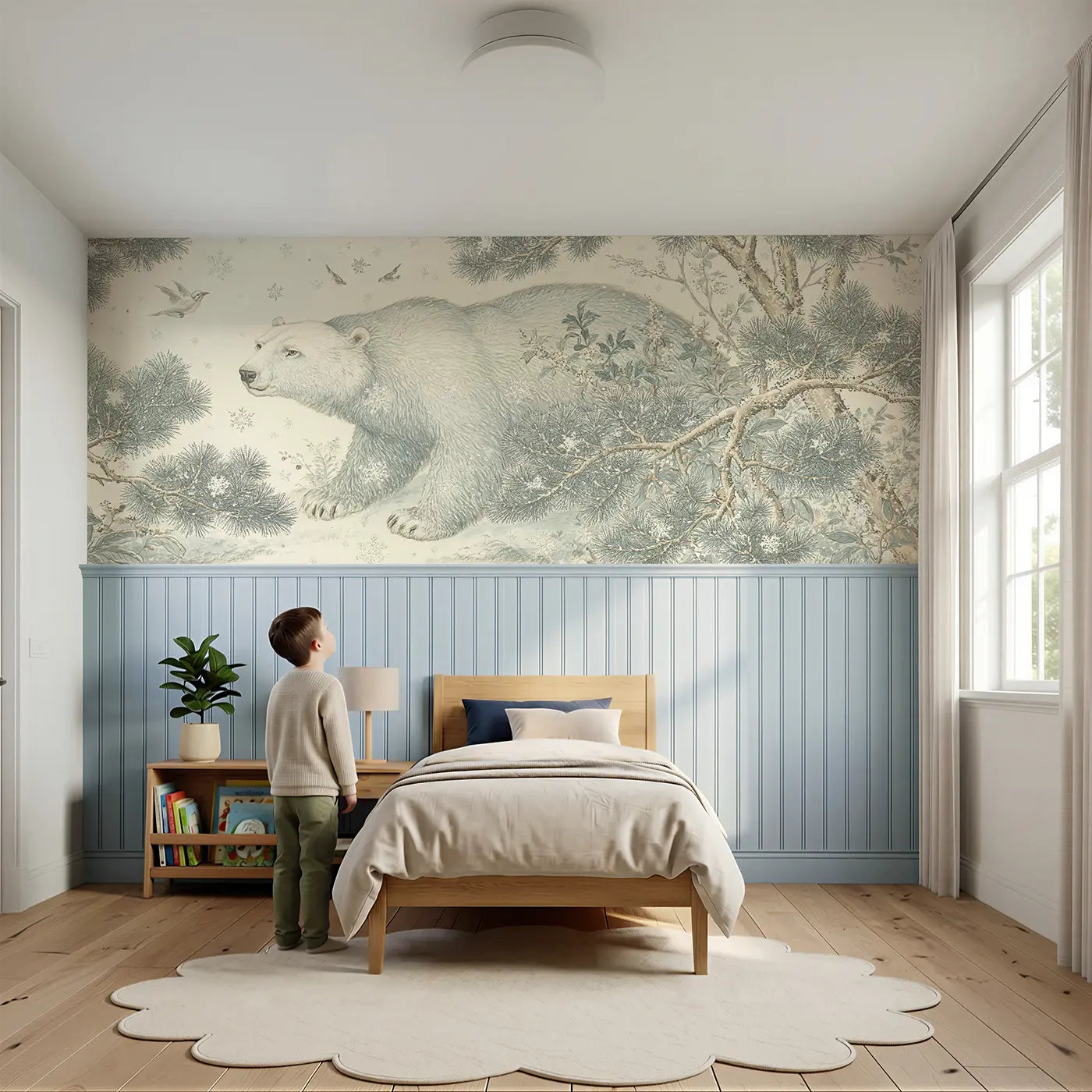 Child reading near Polar Bear Pine Branch Toile Wainscoting Wallpaper by Whimsy Tots