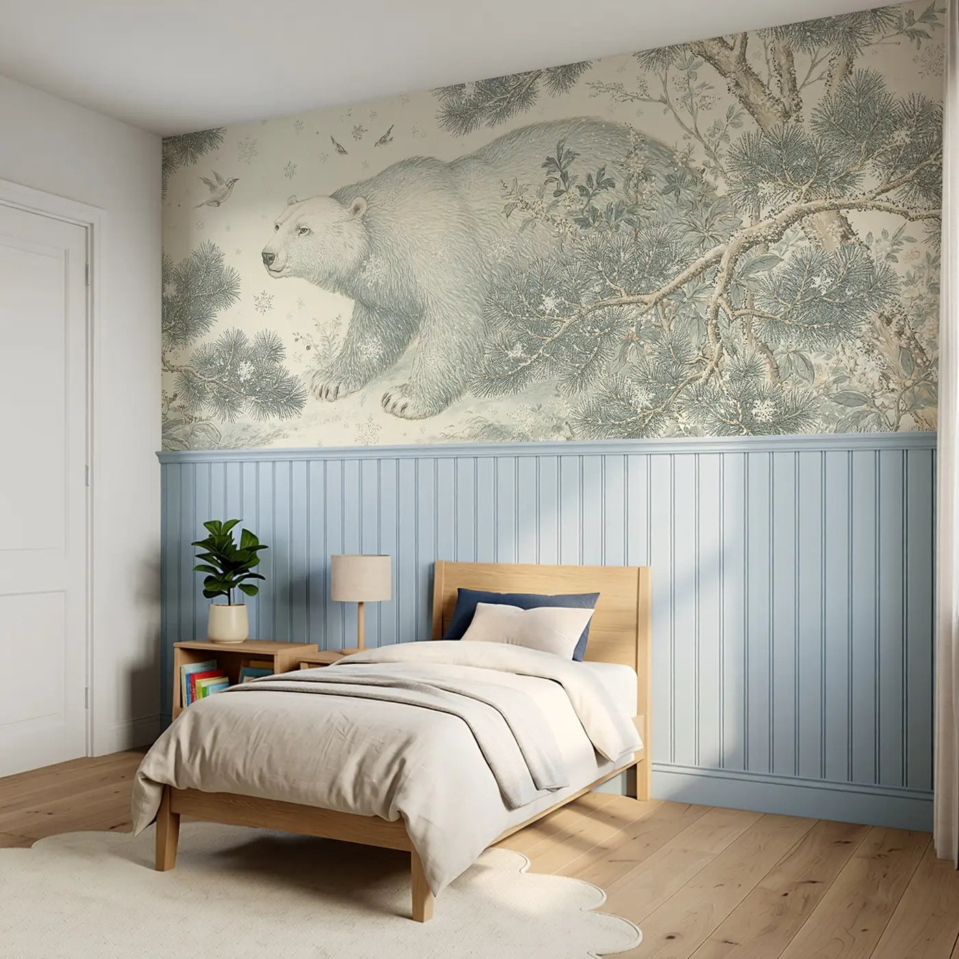 Polar Bear Pine Branch Toile Wainscoting Wallpaper styled in a kids bedroom by Whimsy Tots