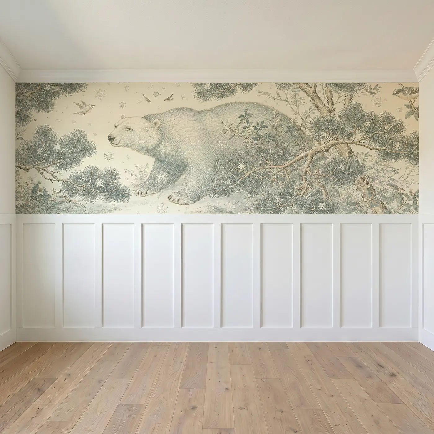 Full panel view of Polar Bear Pine Branch Toile Wainscoting Wallpaper by Whimsy Tots