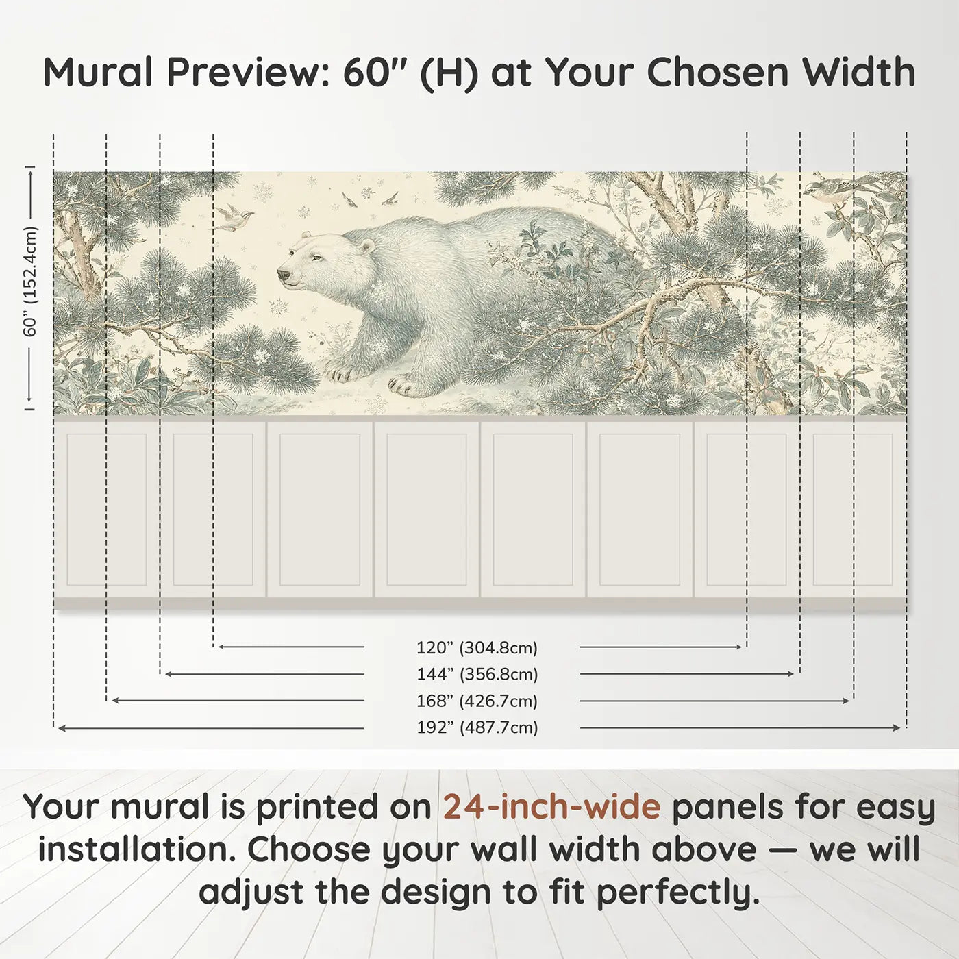 Panel dimensions for Polar Bear Pine Branch Toile Wainscoting Wallpaper by Whimsy Tots