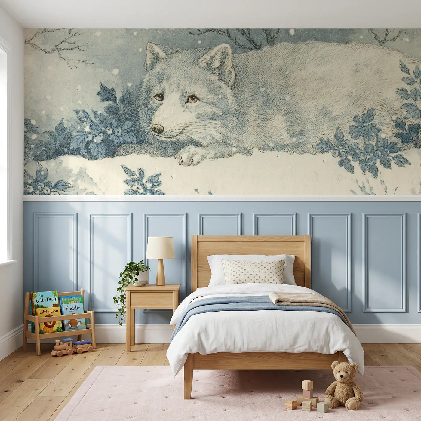 Botanical Elegance arctic fox snowflake scene wainscoting wallpaper for bedroom by Whimsy Tots.