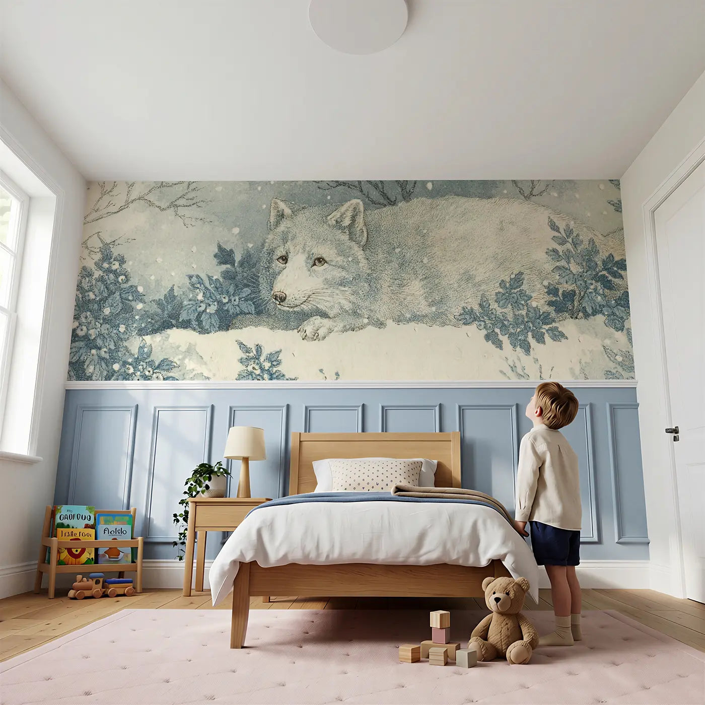 Child reading near Arctic Fox Snowflake Scene Wainscoting Wallpaper by Whimsy Tots
