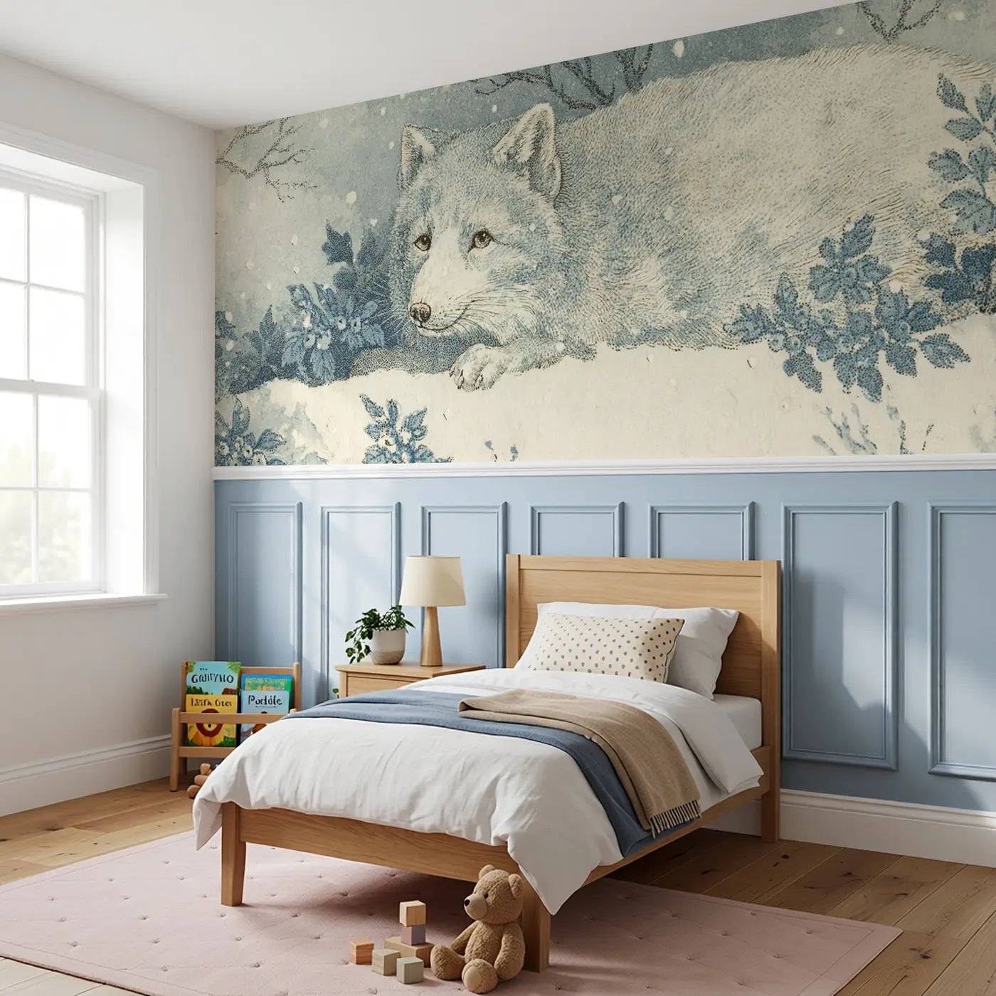 Arctic Fox Snowflake Scene Wainscoting Wallpaper styled in a kids bedroom by Whimsy Tots