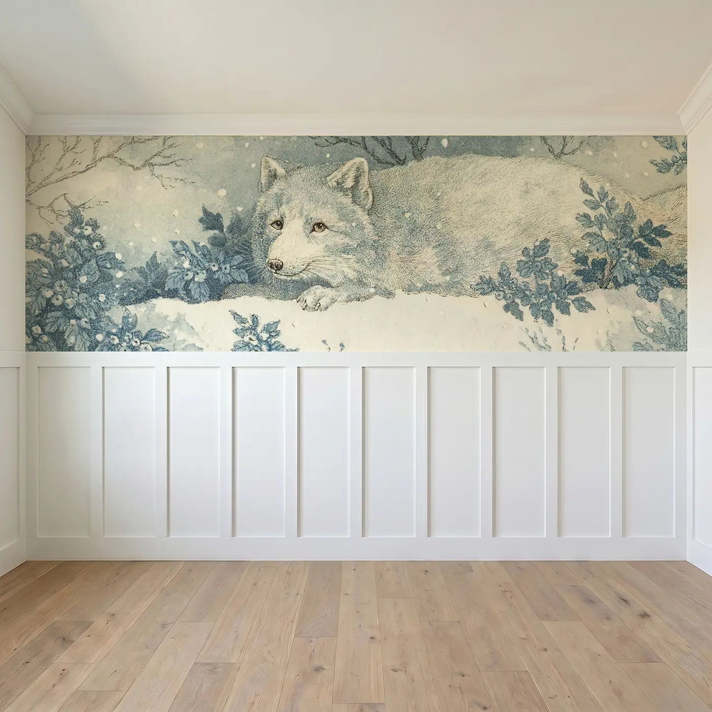 Full panel view of Arctic Fox Snowflake Scene Wainscoting Wallpaper by Whimsy Tots