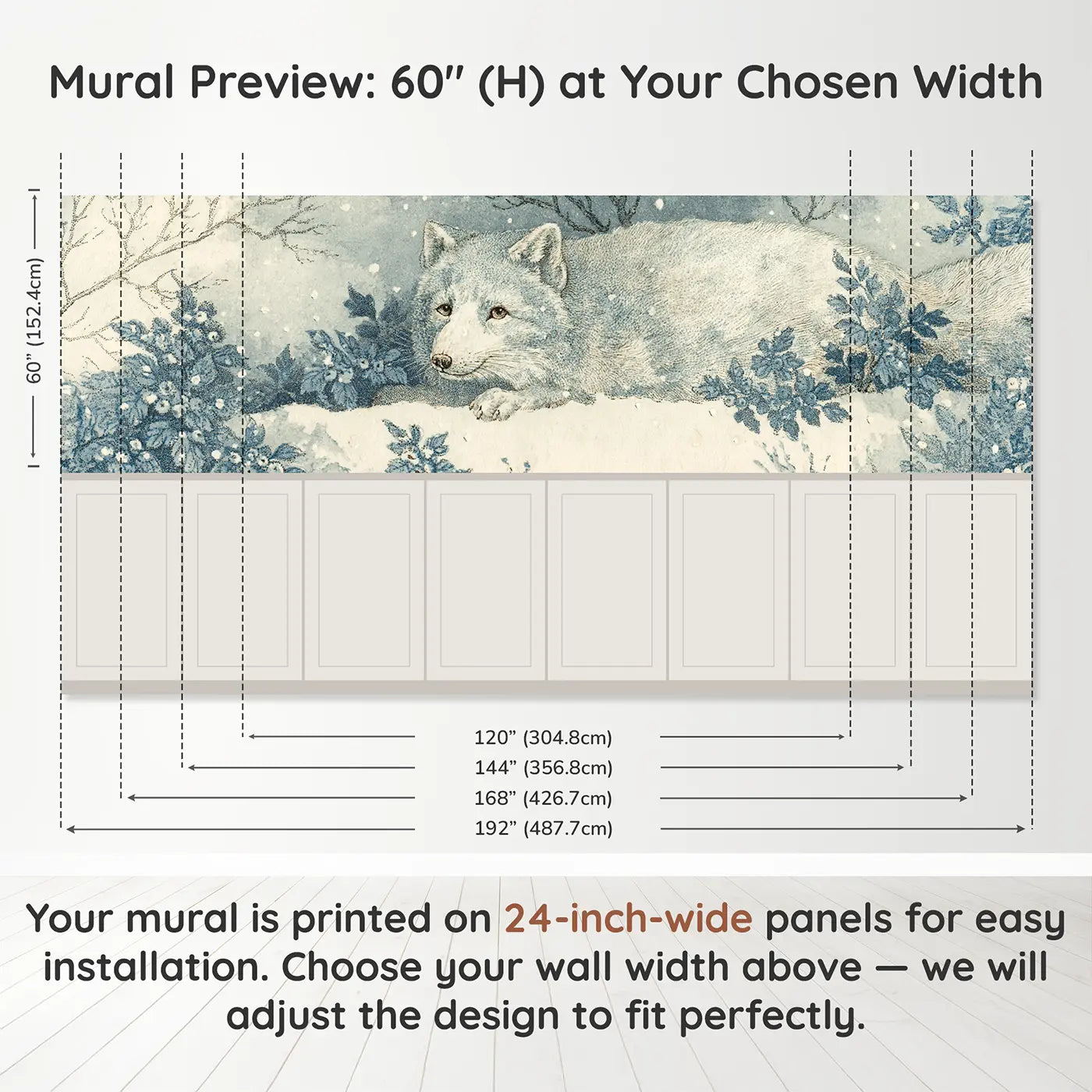 Panel dimensions for Arctic Fox Snowflake Scene Wainscoting Wallpaper by Whimsy Tots