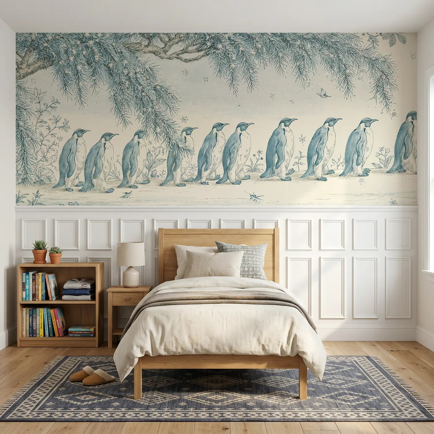Botanical Elegance penguin toile wainscoting wallpaper for bedroom by Whimsy Tots.