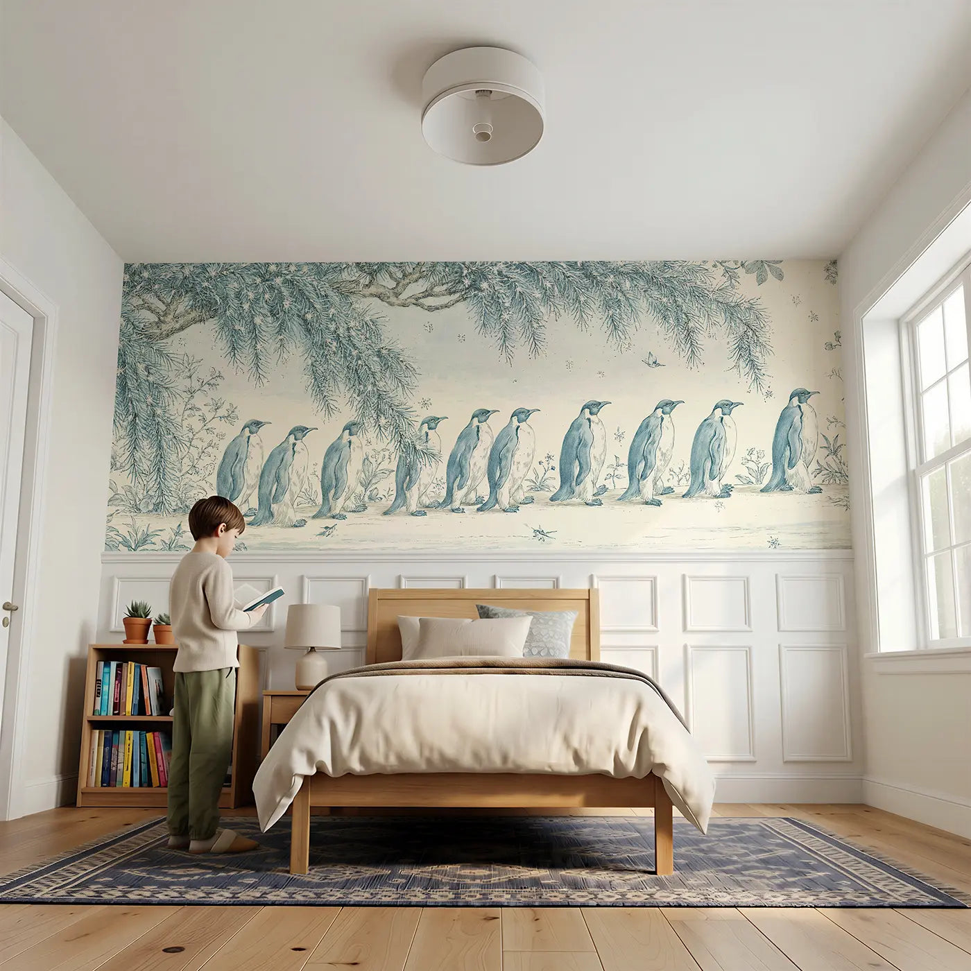 Child reading near Penguin Botanical Toile Wainscoting Wallpaper by Whimsy Tots