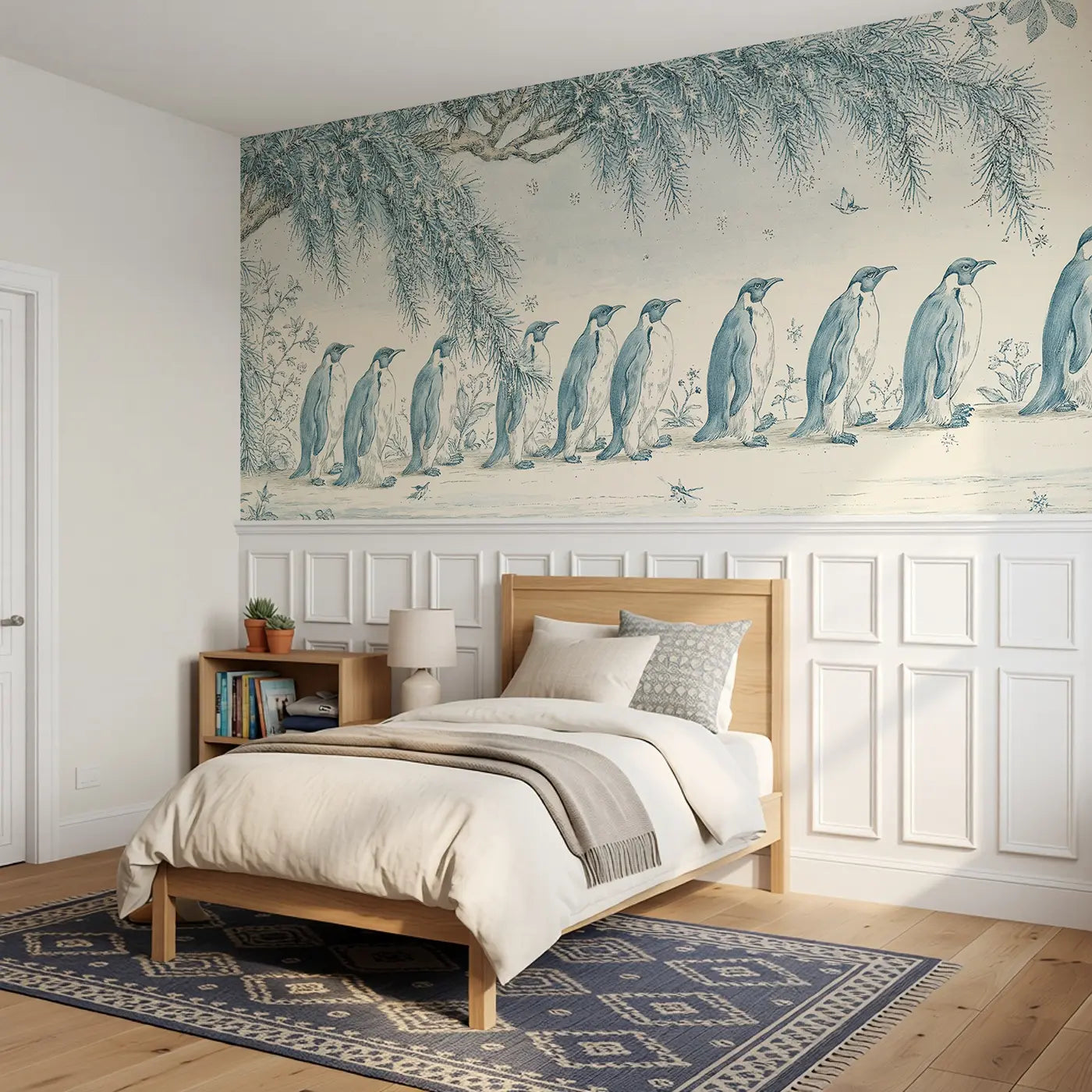 Penguin Botanical Toile Wainscoting Wallpaper styled in a kids bedroom by Whimsy Tots