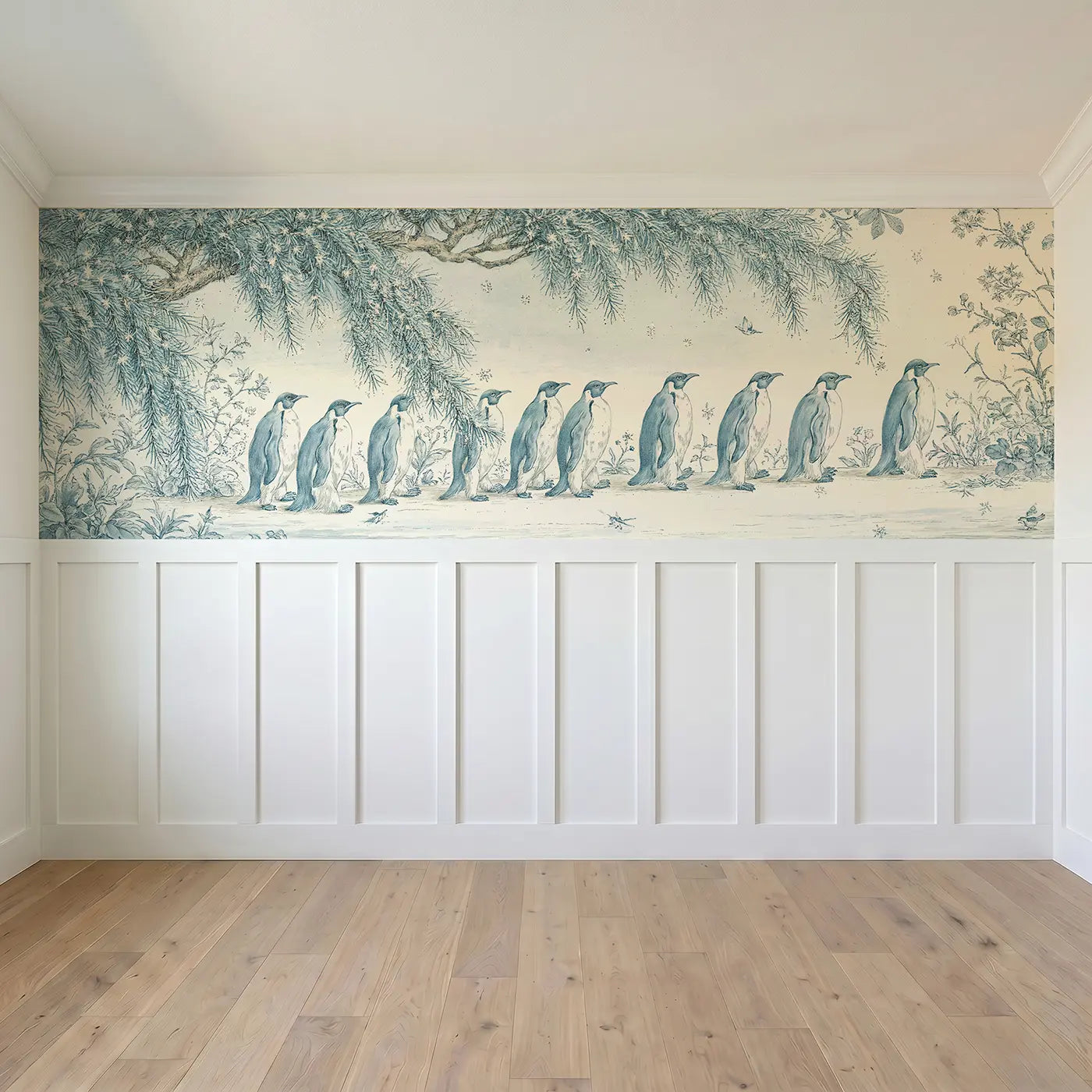 Full panel view of Penguin Botanical Toile Wainscoting Wallpaper by Whimsy Tots