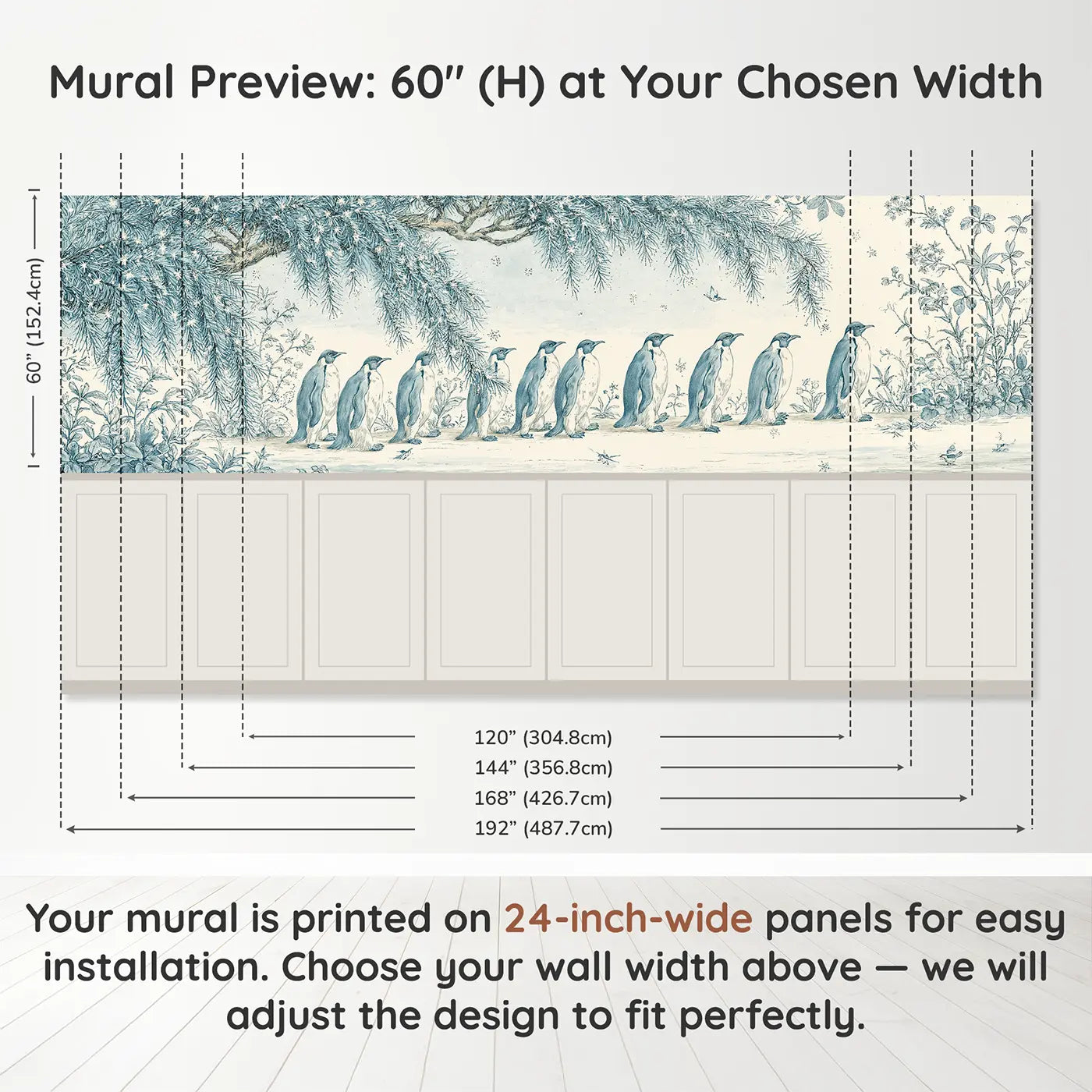 Panel dimensions for Penguin Botanical Toile Wainscoting Wallpaper by Whimsy Tots