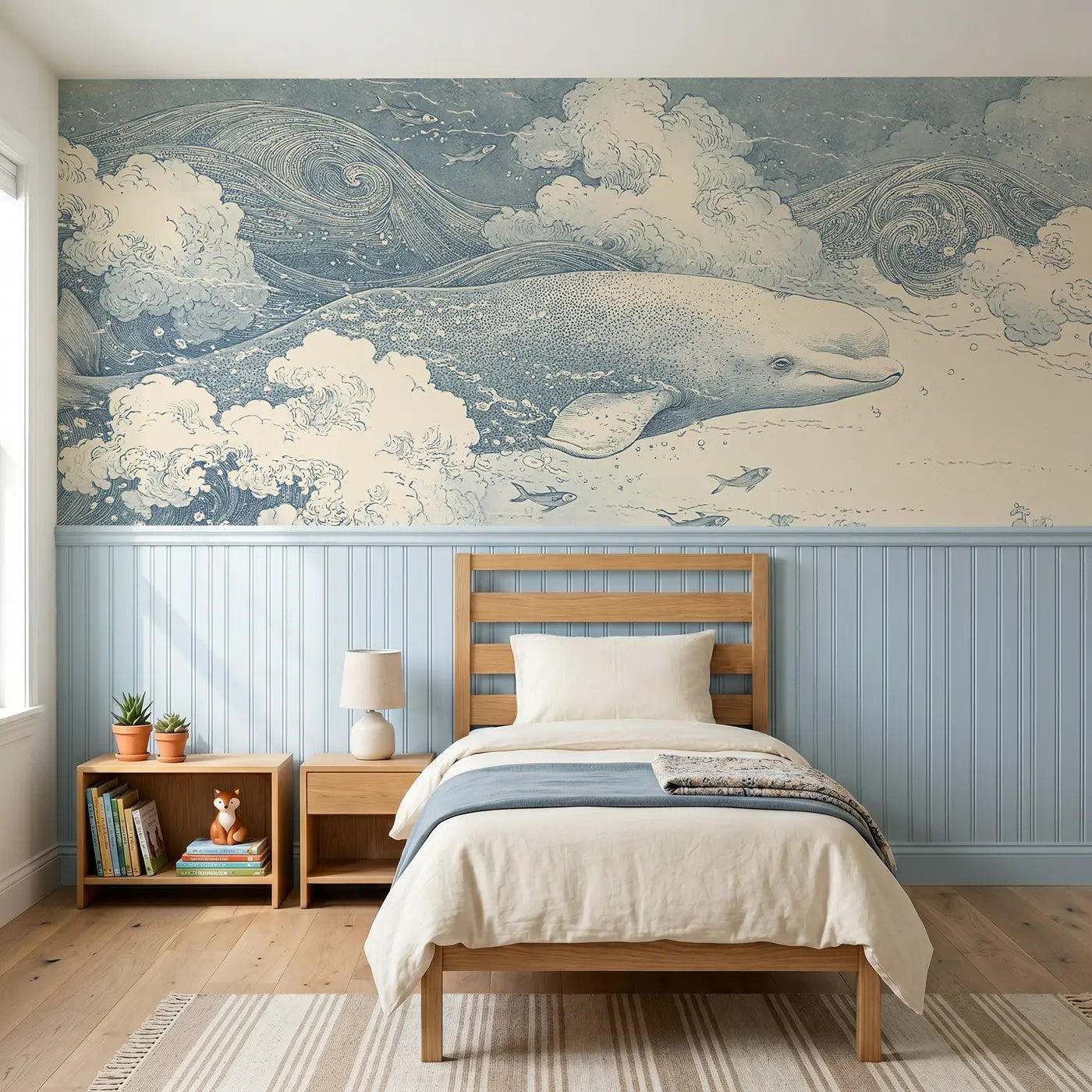Botanical Elegance beluga whale wave scroll wainscoting wallpaper for bedroom by Whimsy Tots.