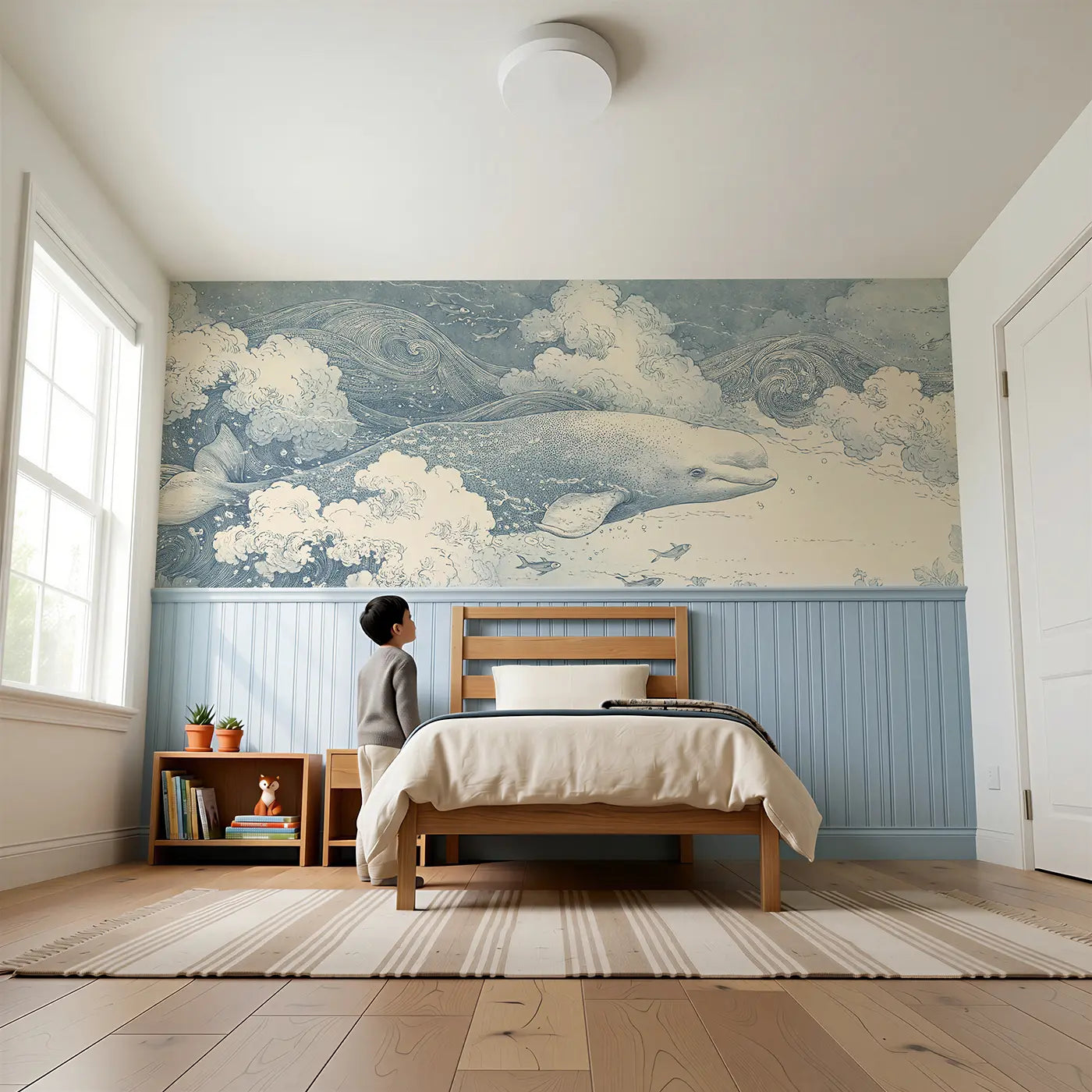 Child reading near Beluga Whale Wave Scroll Wainscoting Wallpaper by Whimsy Tots