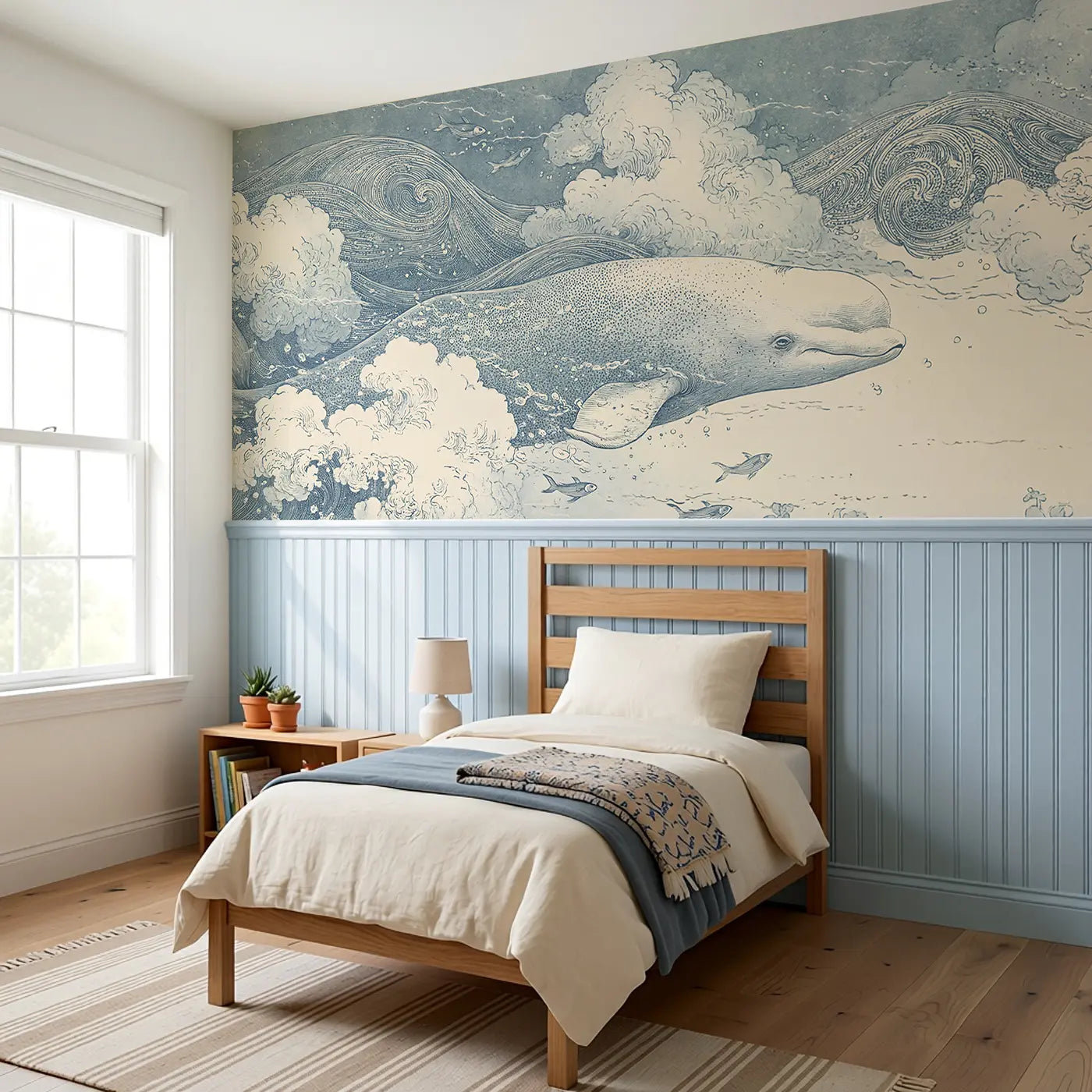 Beluga Whale Wave Scroll Wainscoting Wallpaper styled in a kids bedroom by Whimsy Tots
