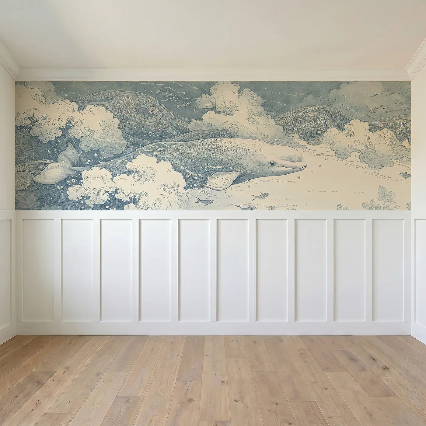 Full panel view of Beluga Whale Wave Scroll Wainscoting Wallpaper by Whimsy Tots