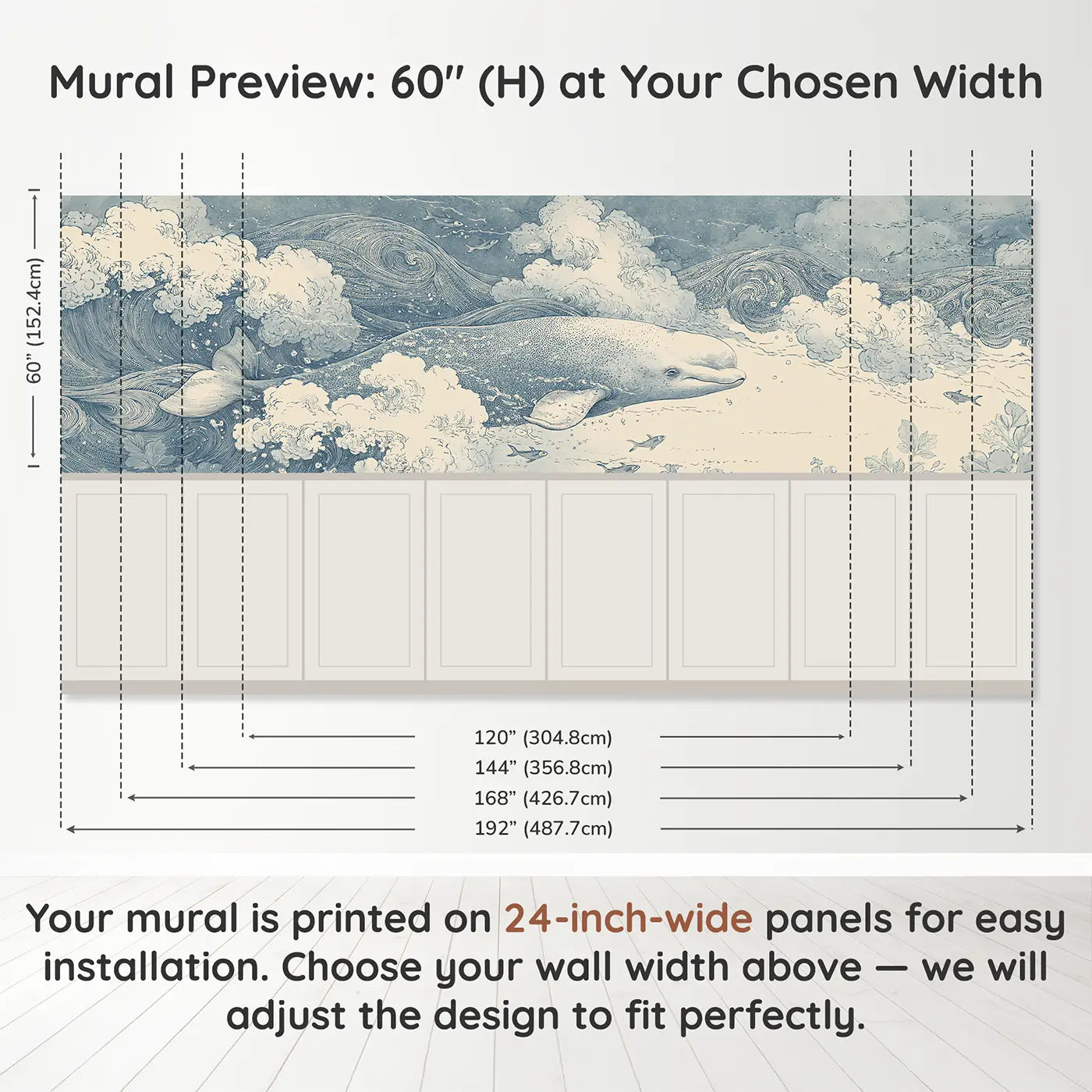 Panel dimensions for Beluga Whale Wave Scroll Wainscoting Wallpaper by Whimsy Tots