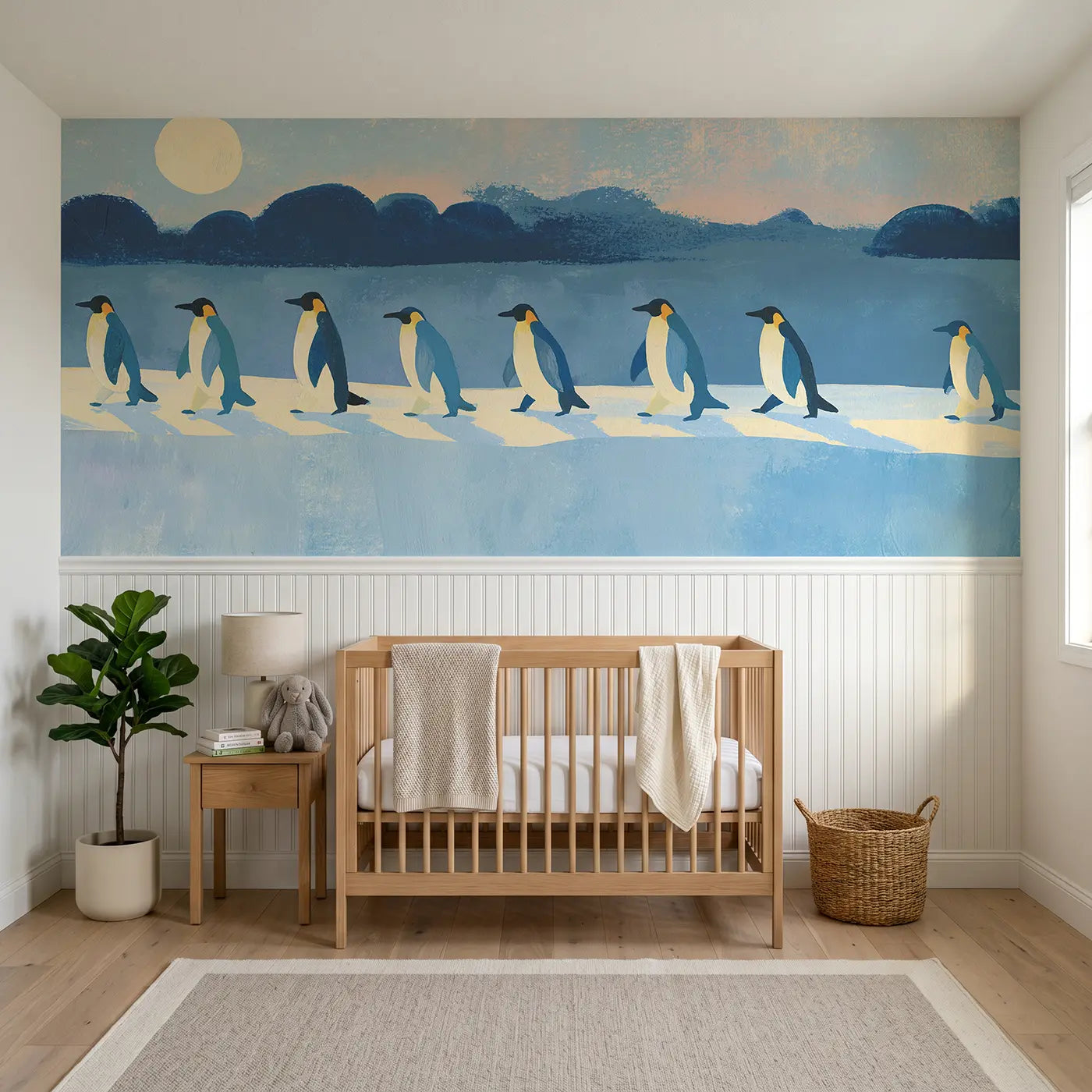Modern Illustration penguin parade ice wainscoting wallpaper for nursery by Whimsy Tots.