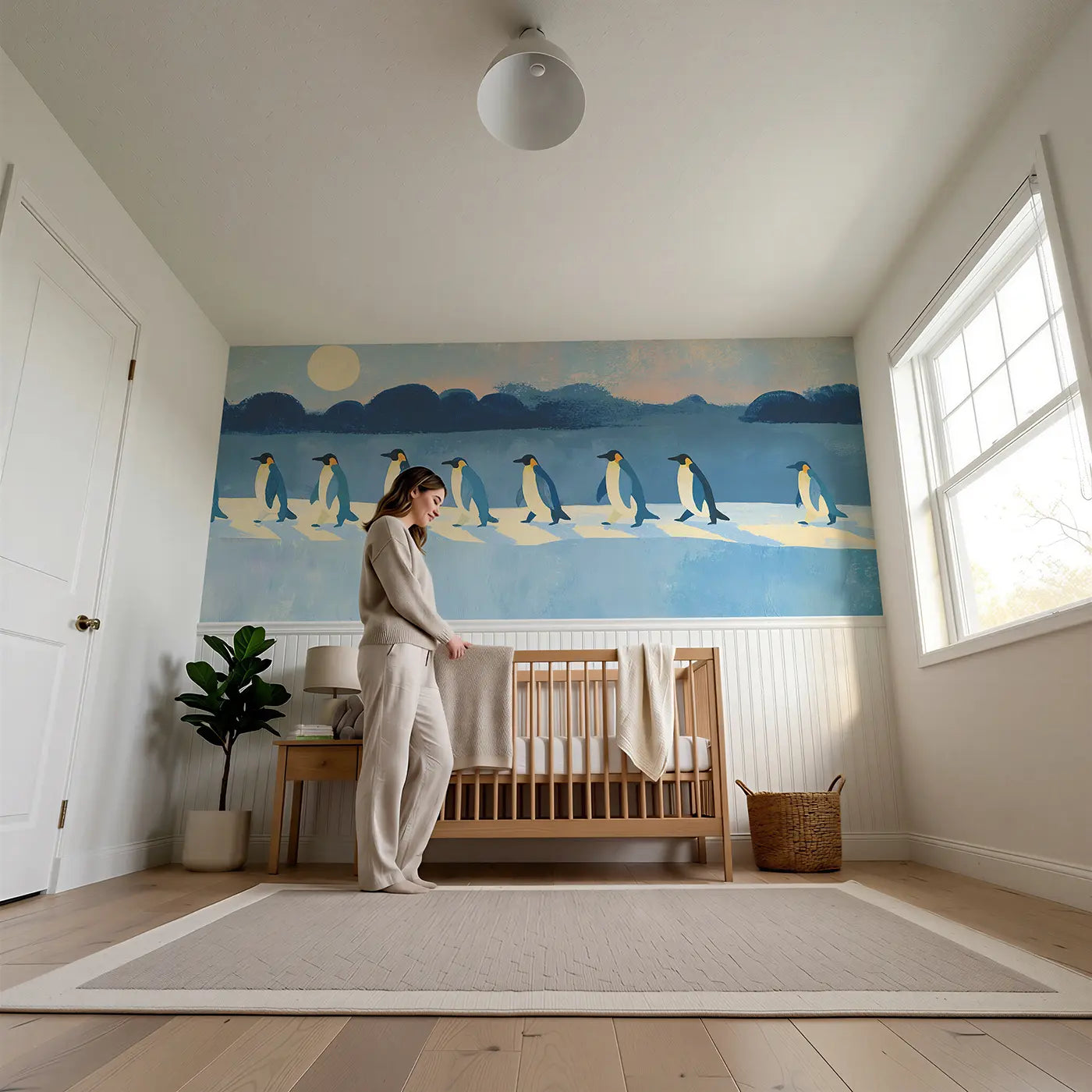 Child reading near Flat Penguin Parade Ice Wainscoting Wallpaper by Whimsy Tots