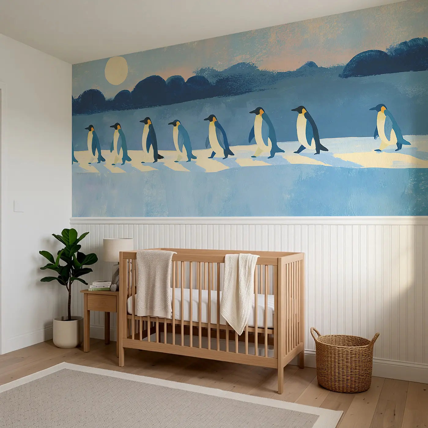 Flat Penguin Parade Ice Wainscoting Wallpaper styled in a kids bedroom by Whimsy Tots
