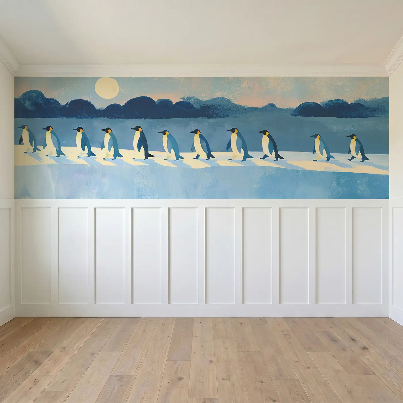 Full panel view of Flat Penguin Parade Ice Wainscoting Wallpaper by Whimsy Tots