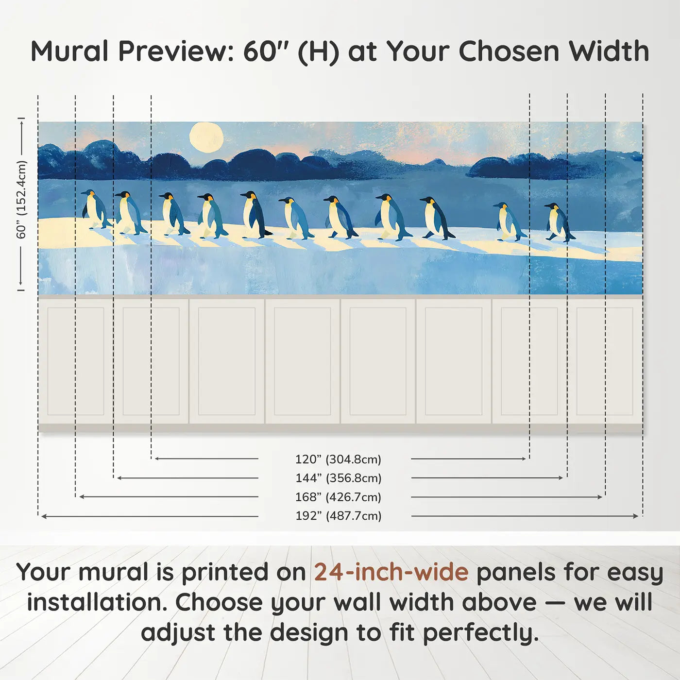 Panel dimensions for Flat Penguin Parade Ice Wainscoting Wallpaper by Whimsy Tots