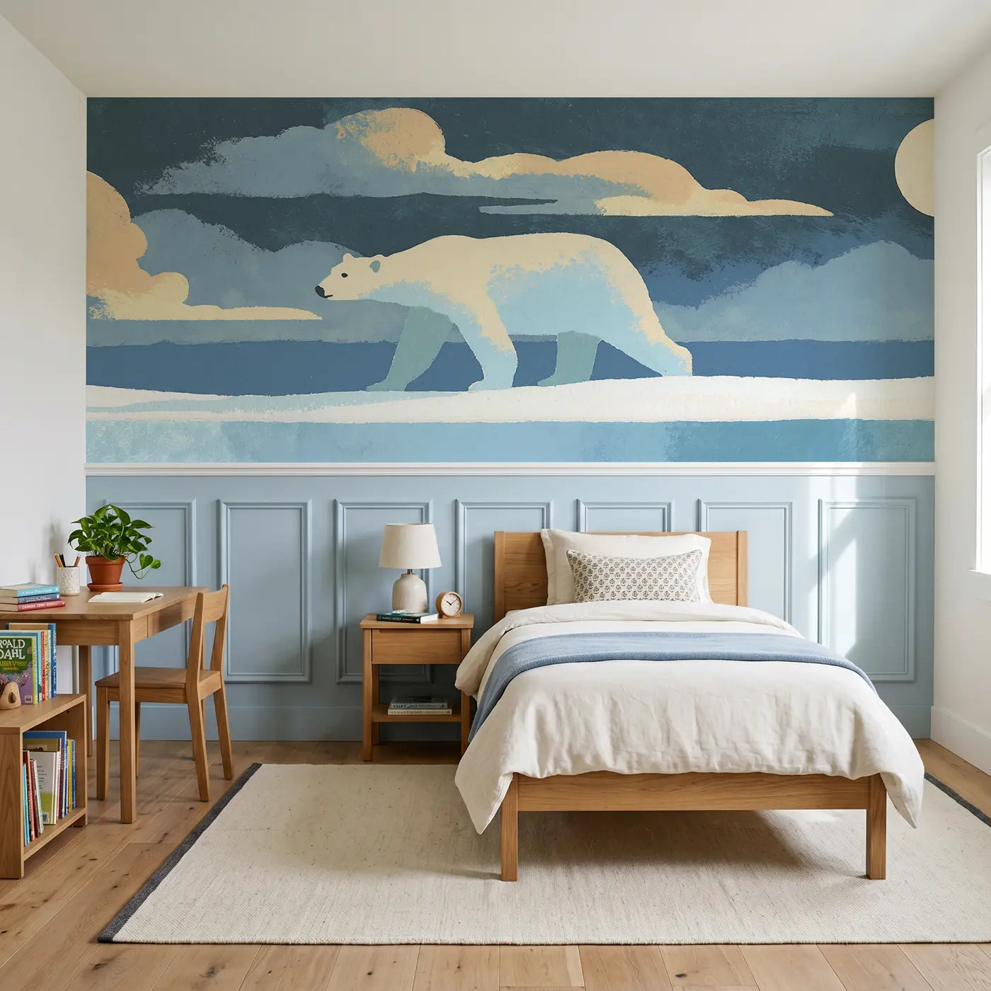 Modern Illustration polar bear arctic wainscoting wallpaper for bedroom by Whimsy Tots.