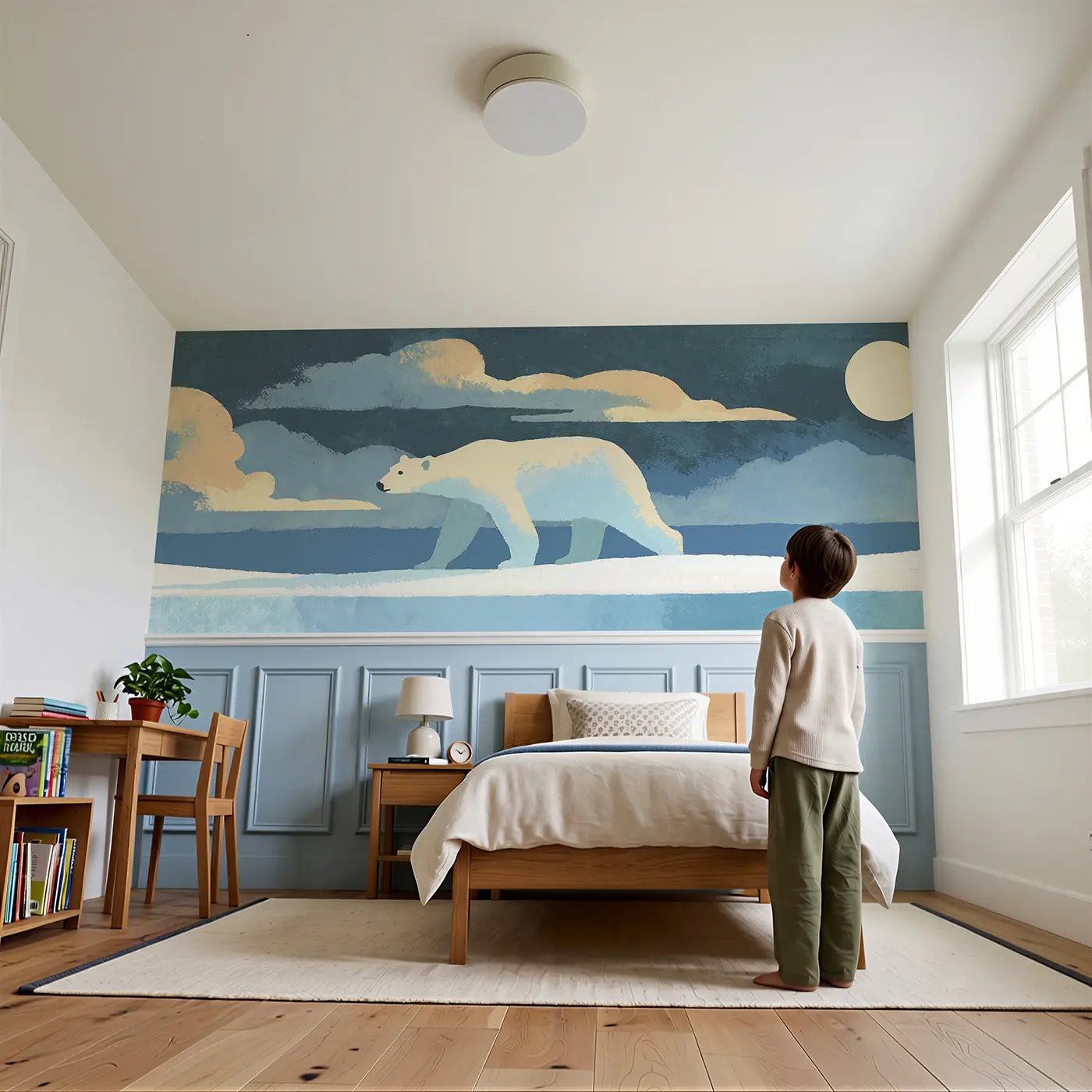 Child reading near Graphic Polar Bear Arctic Wainscoting Wallpaper by Whimsy Tots
