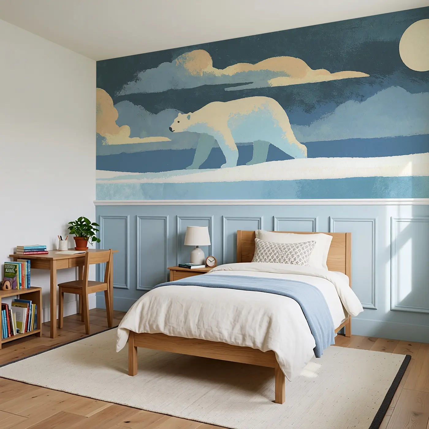Graphic Polar Bear Arctic Wainscoting Wallpaper styled in a kids bedroom by Whimsy Tots