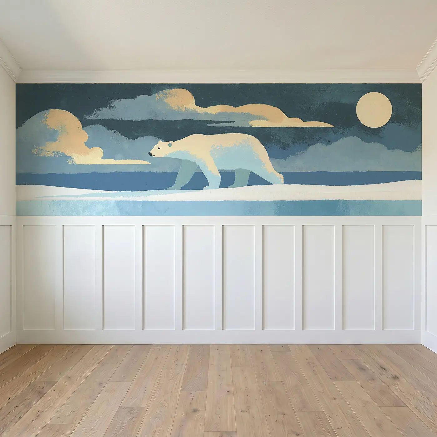 Full panel view of Graphic Polar Bear Arctic Wainscoting Wallpaper by Whimsy Tots