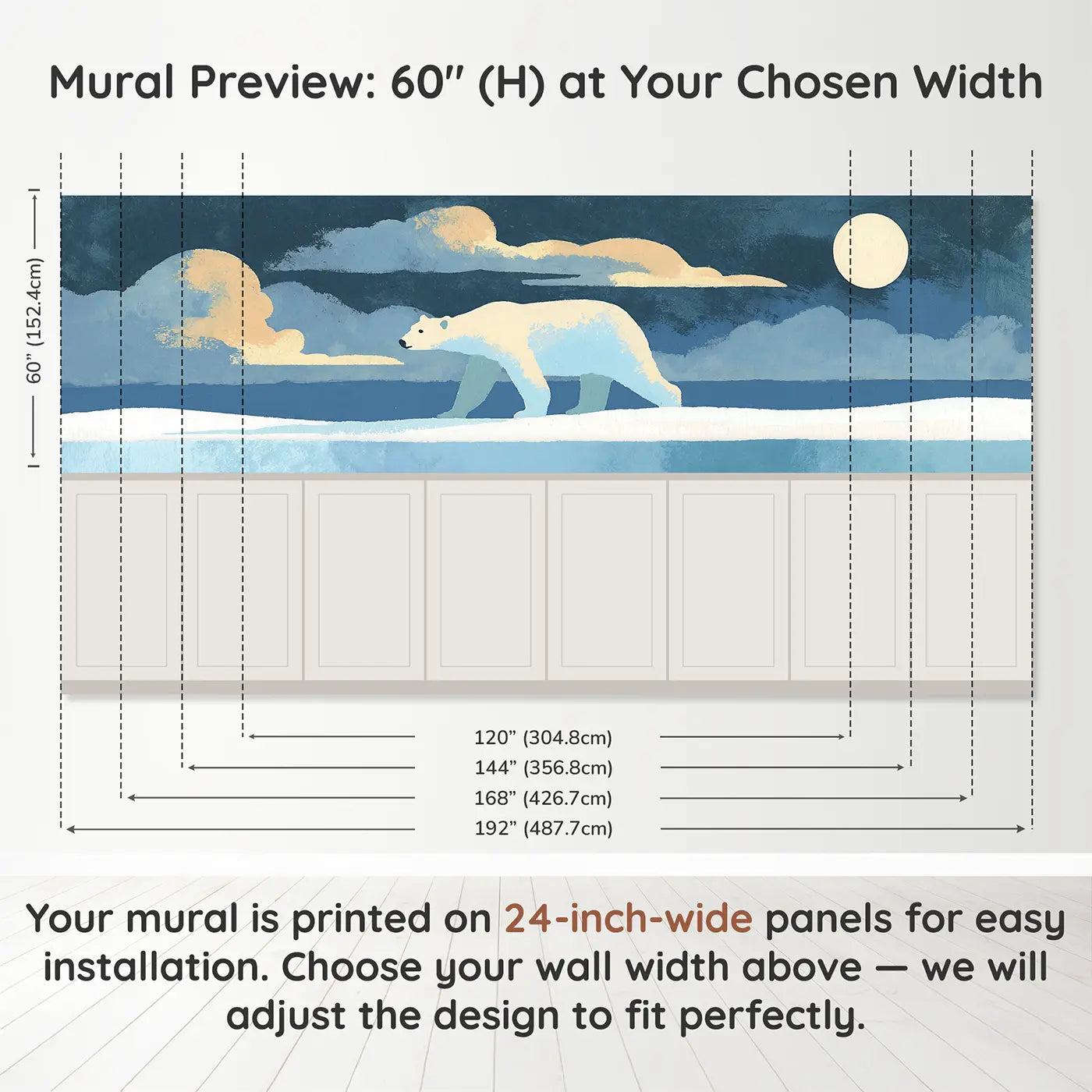 Panel dimensions for Graphic Polar Bear Arctic Wainscoting Wallpaper by Whimsy Tots