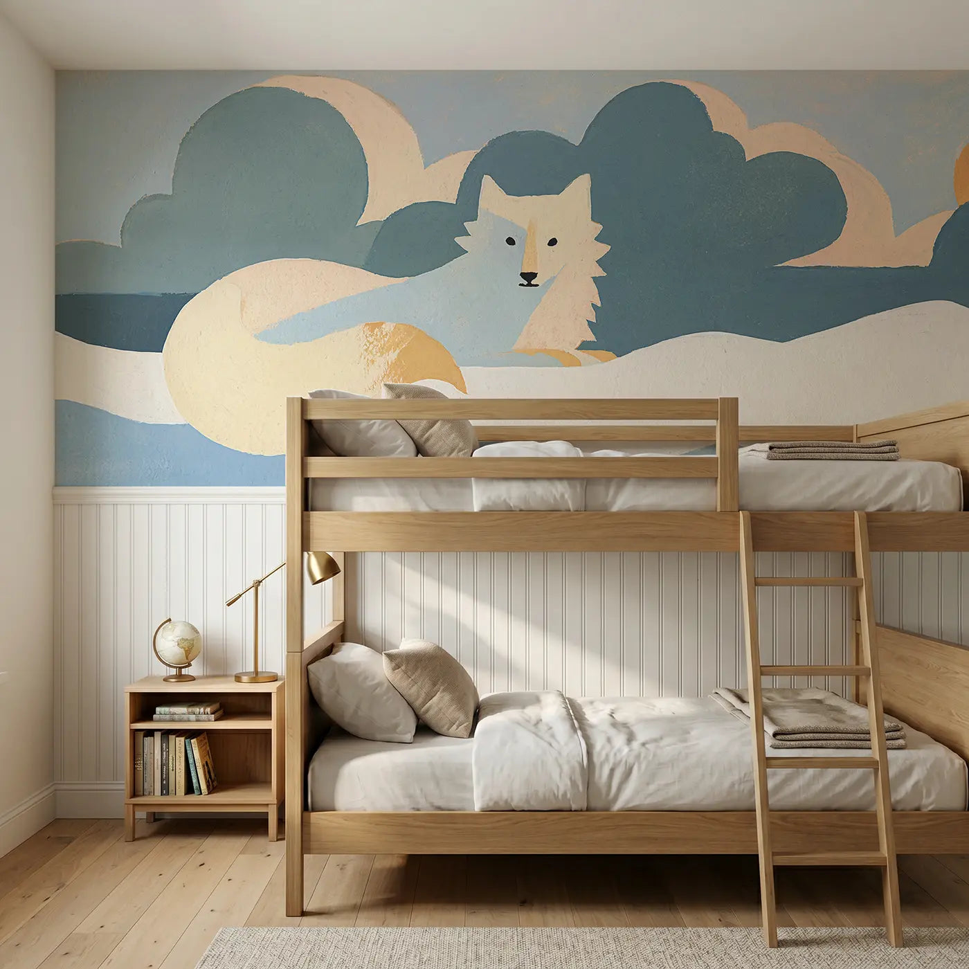 Modern Illustration arctic fox folk wainscoting wallpaper for bedroom by Whimsy Tots.