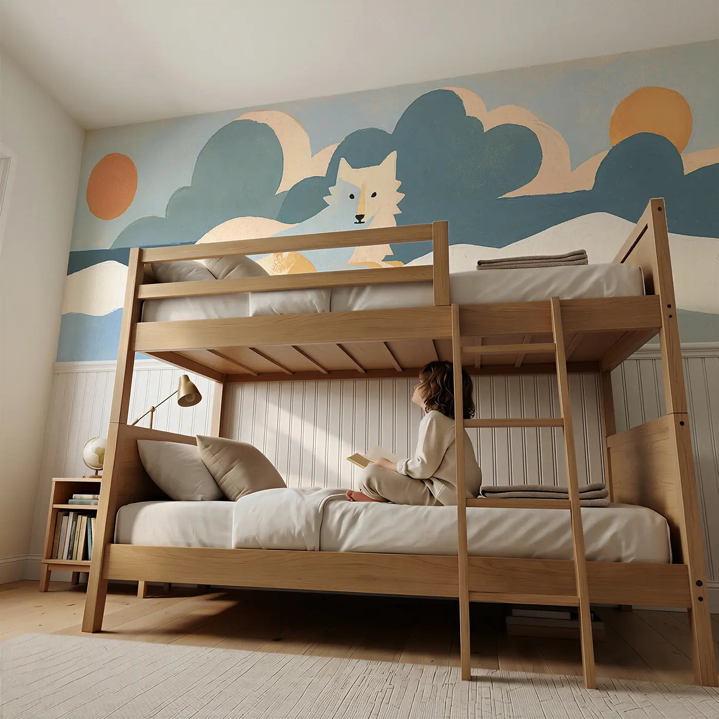 Child reading near Scandi Arctic Fox Folk Wainscoting Wallpaper by Whimsy Tots