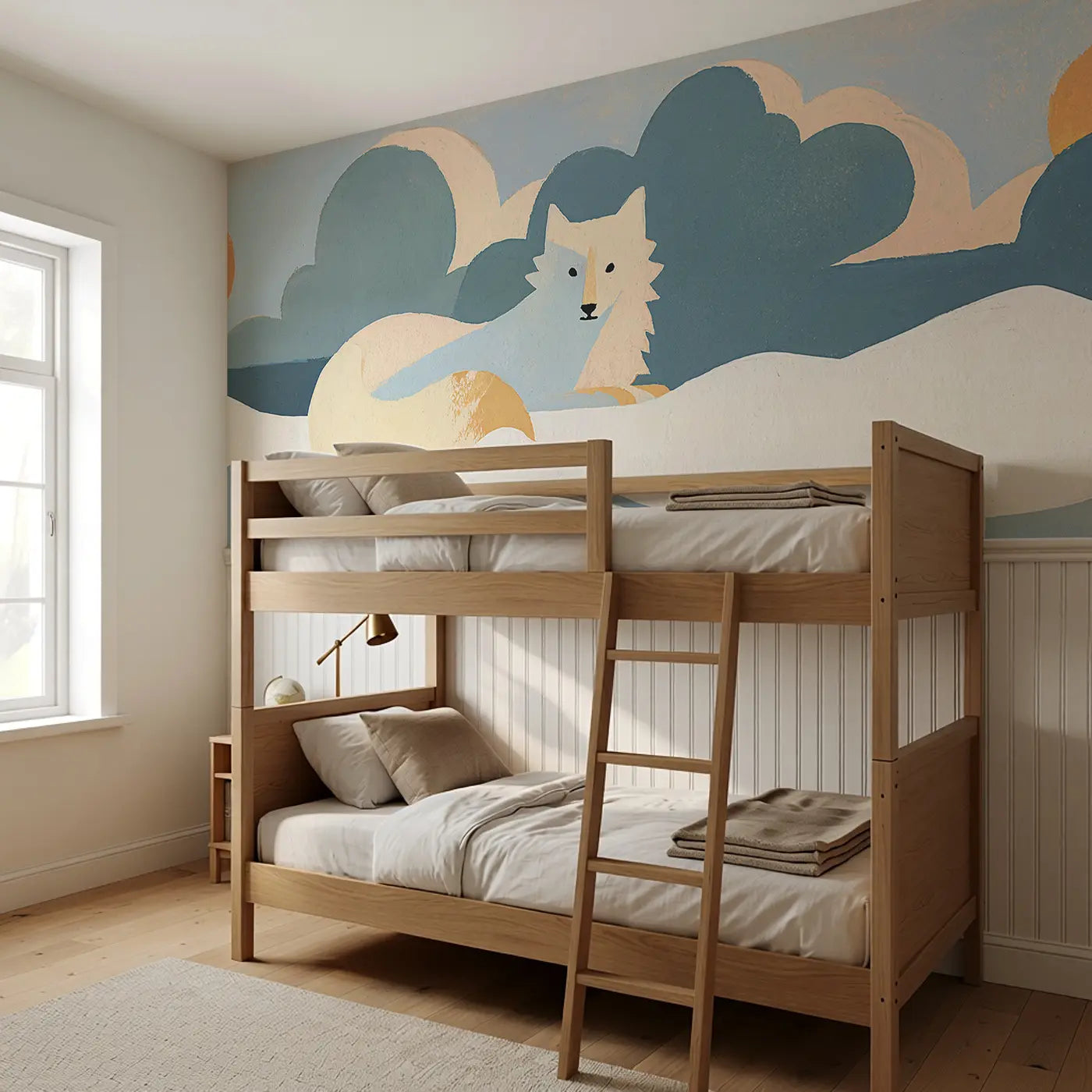 Scandi Arctic Fox Folk Wainscoting Wallpaper styled in a kids bedroom by Whimsy Tots
