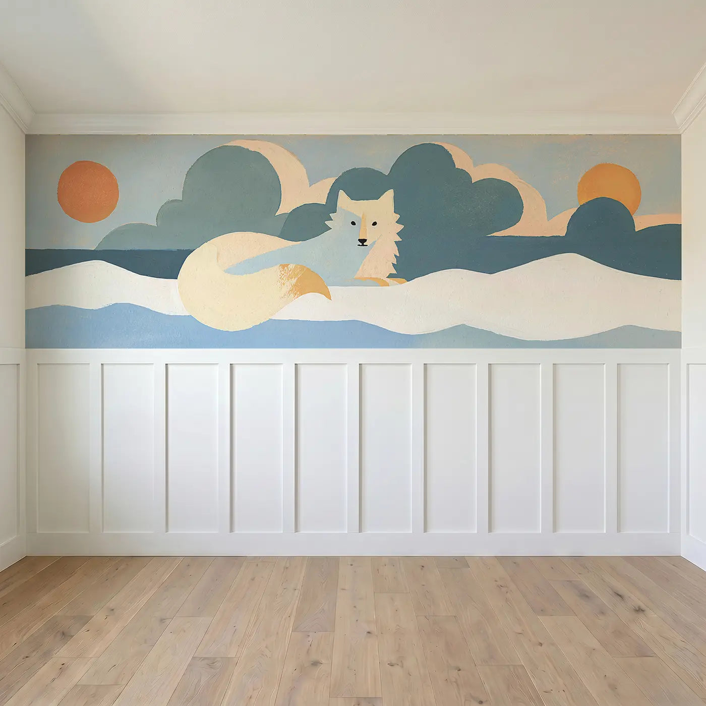 Full panel view of Scandi Arctic Fox Folk Wainscoting Wallpaper by Whimsy Tots