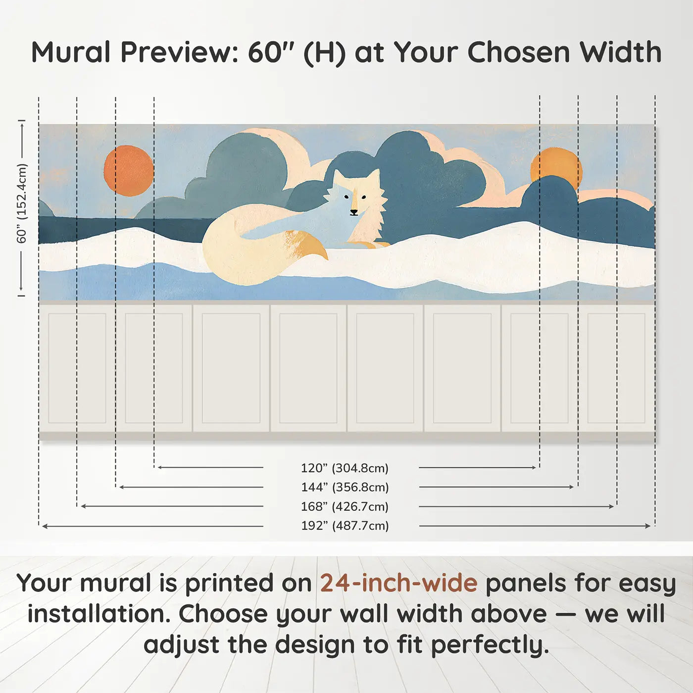 Panel dimensions for Scandi Arctic Fox Folk Wainscoting Wallpaper by Whimsy Tots