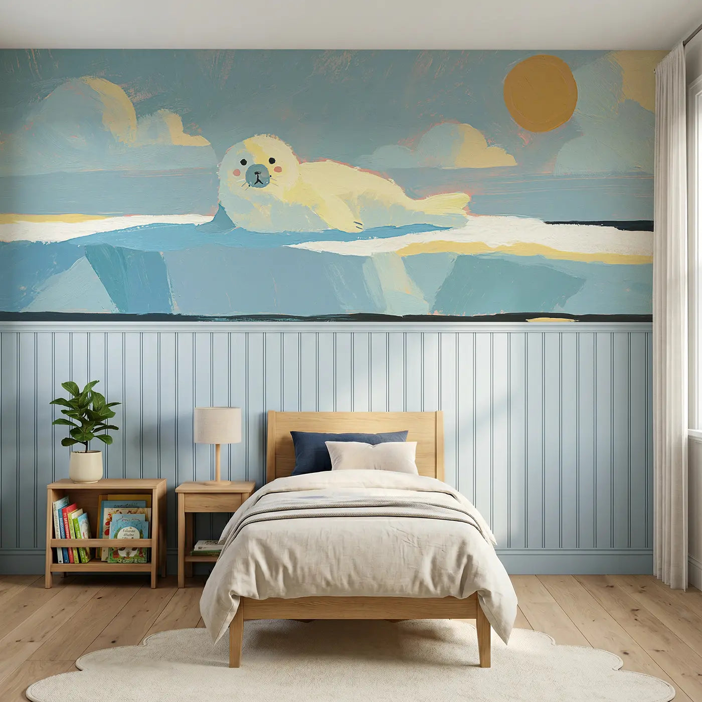 Modern Illustration seal pup ice flat wainscoting wallpaper for nursery by Whimsy Tots.