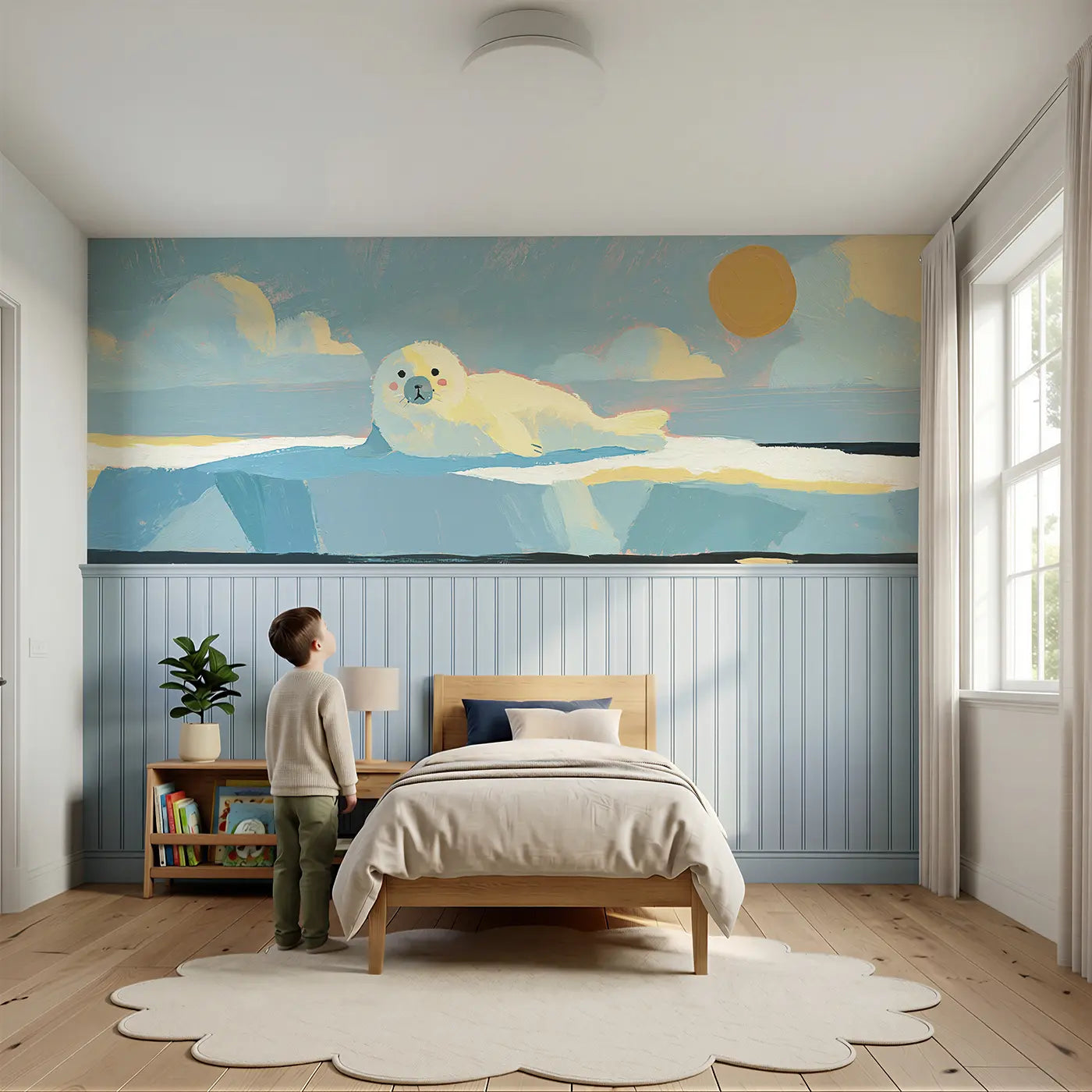 Child reading near Bold Seal Pup Ice Flat Wainscoting Wallpaper by Whimsy Tots