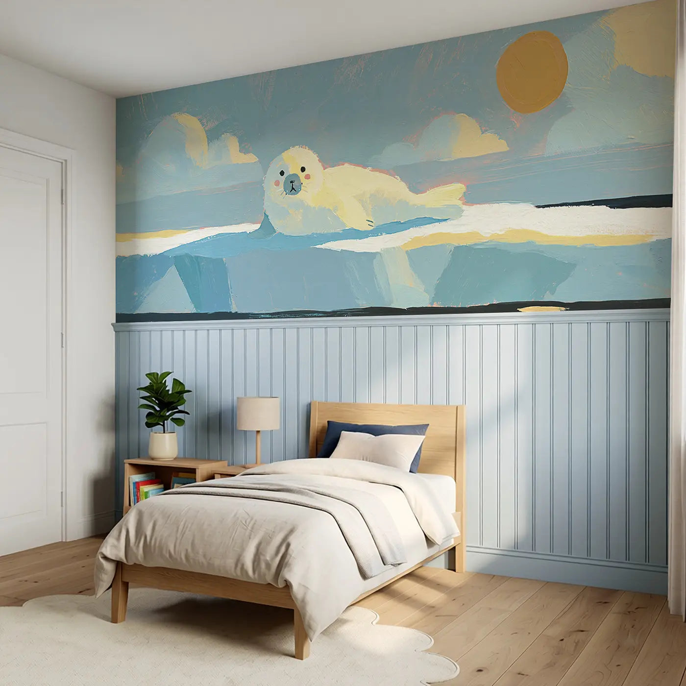 Bold Seal Pup Ice Flat Wainscoting Wallpaper styled in a kids bedroom by Whimsy Tots