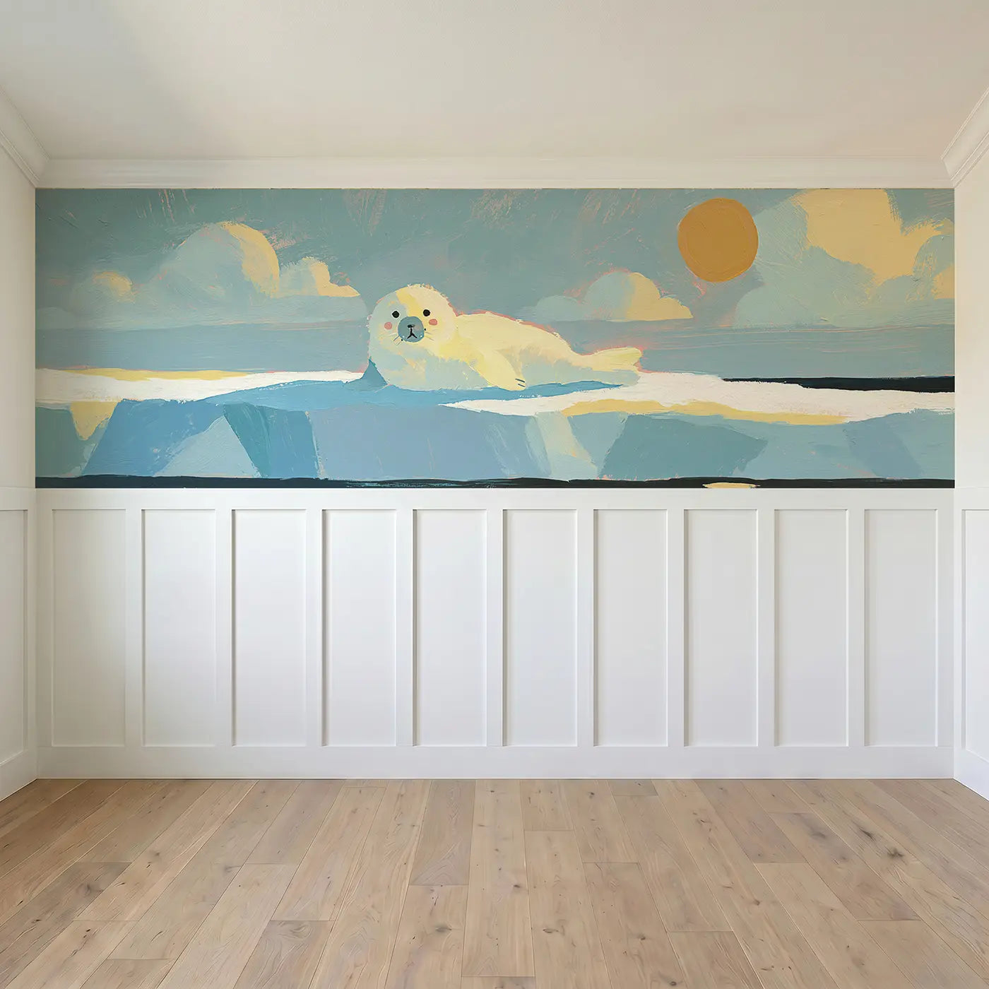 Full panel view of Bold Seal Pup Ice Flat Wainscoting Wallpaper by Whimsy Tots