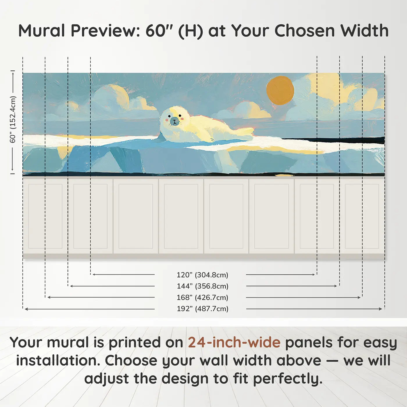 Panel dimensions for Bold Seal Pup Ice Flat Wainscoting Wallpaper by Whimsy Tots