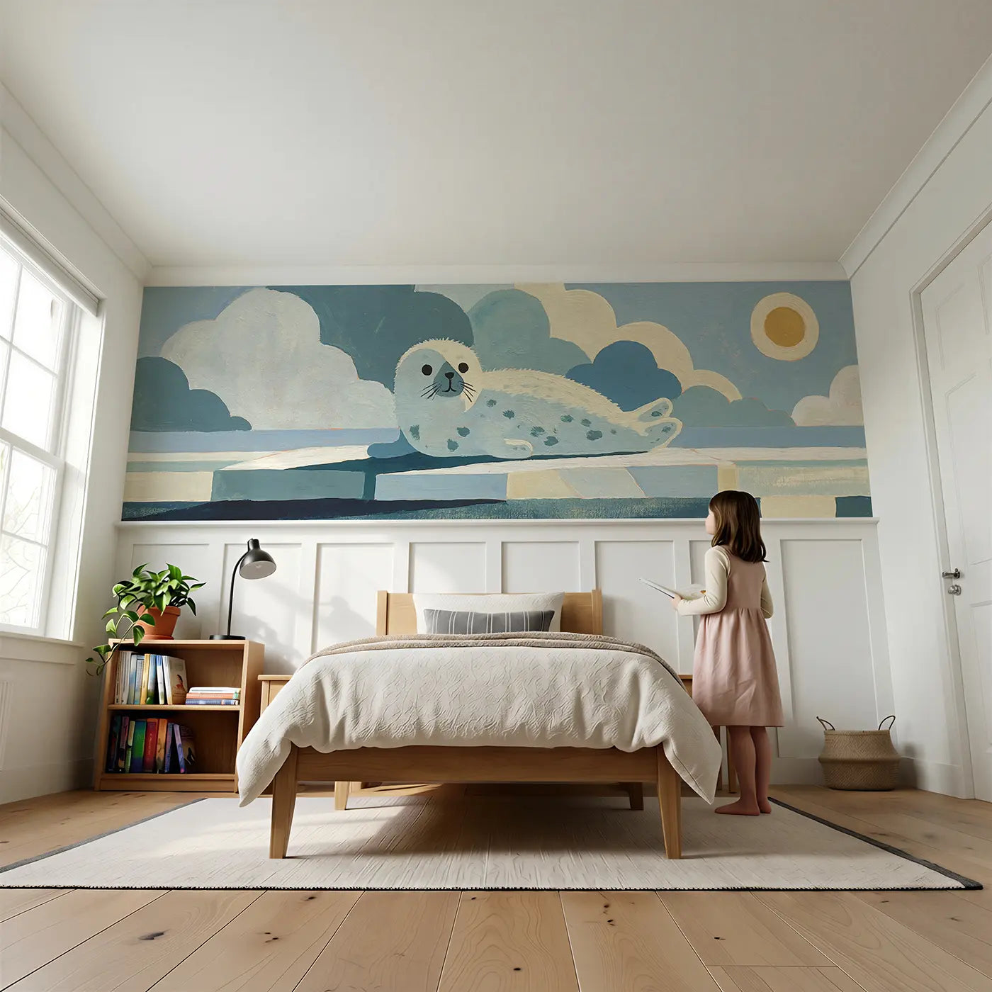 Child reading near Flat Walrus Family Row Wainscoting Wallpaper by Whimsy Tots