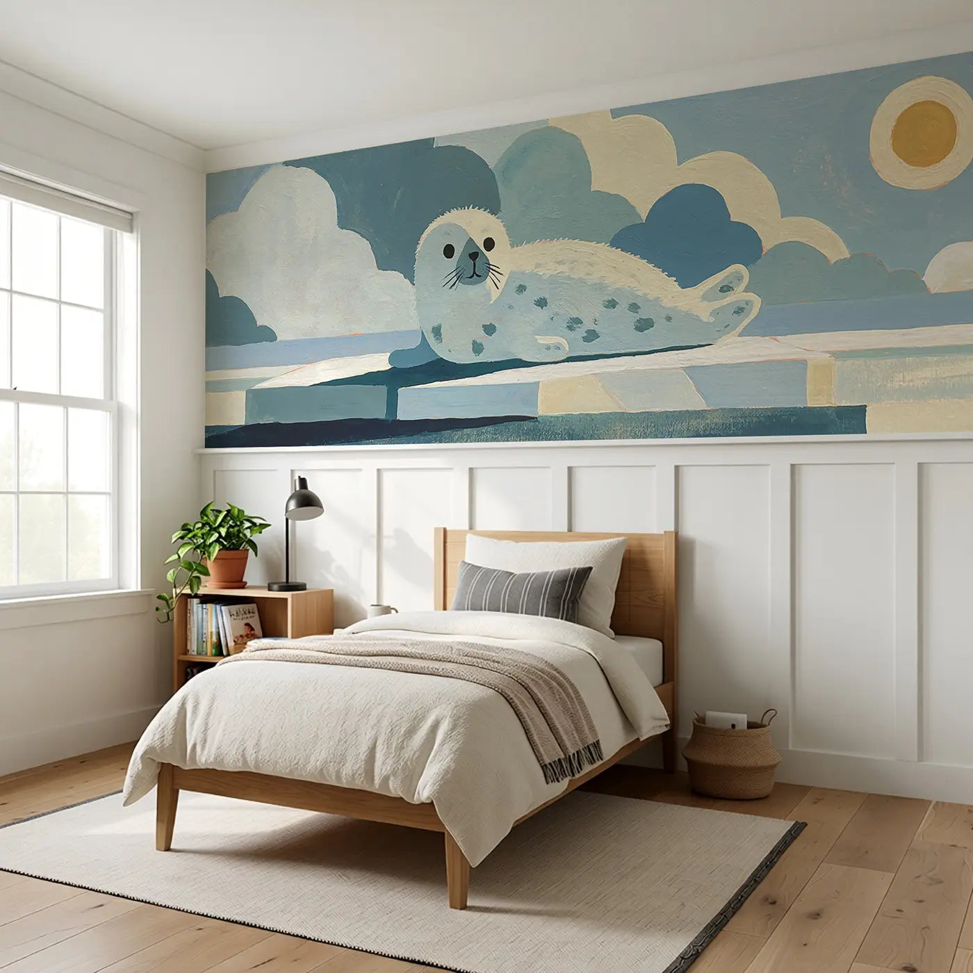 Flat Walrus Family Row Wainscoting Wallpaper styled in a kids bedroom by Whimsy Tots