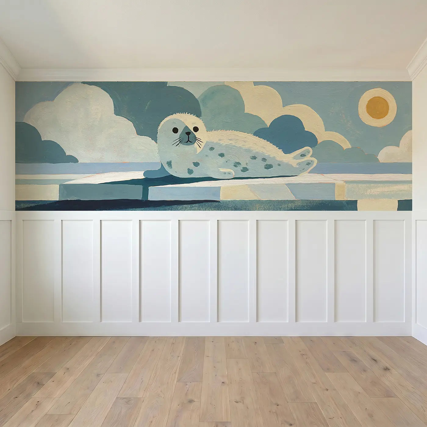 Full panel view of Flat Walrus Family Row Wainscoting Wallpaper by Whimsy Tots