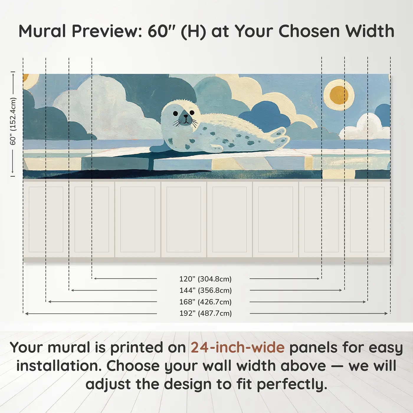 Panel dimensions for Flat Walrus Family Row Wainscoting Wallpaper by Whimsy Tots