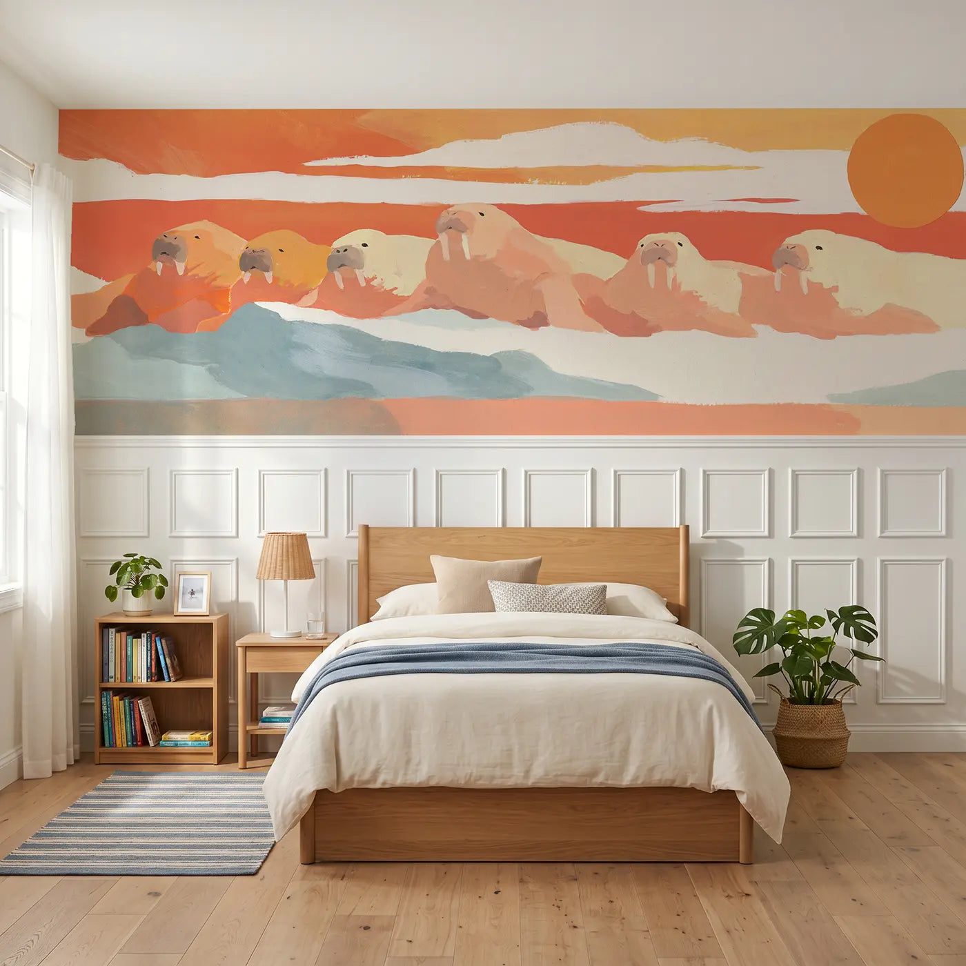Modern Illustration orca pod whale wainscoting wallpaper for bedroom by Whimsy Tots.
