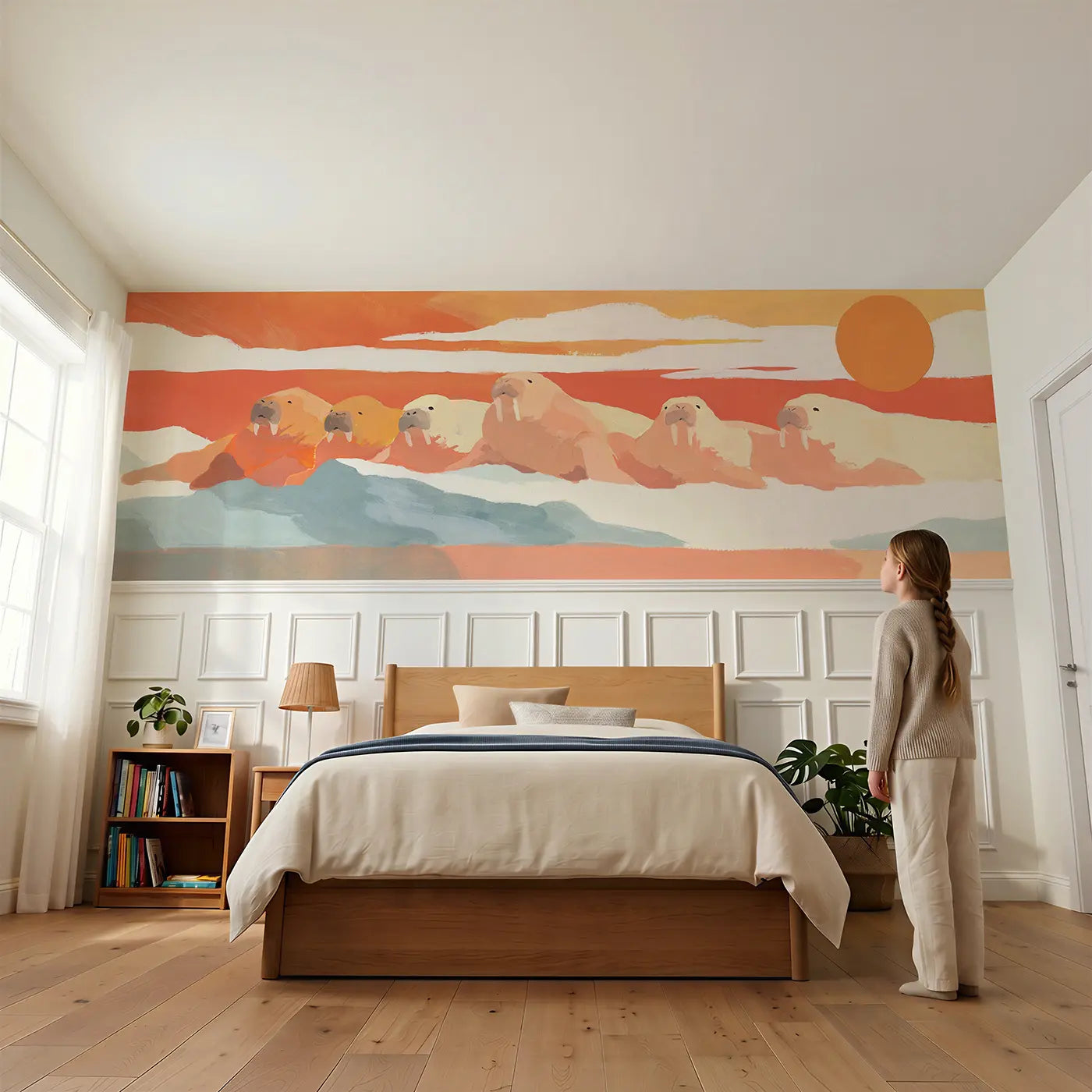 Child reading near Graphic Orca Pod Whale Wainscoting Wallpaper by Whimsy Tots