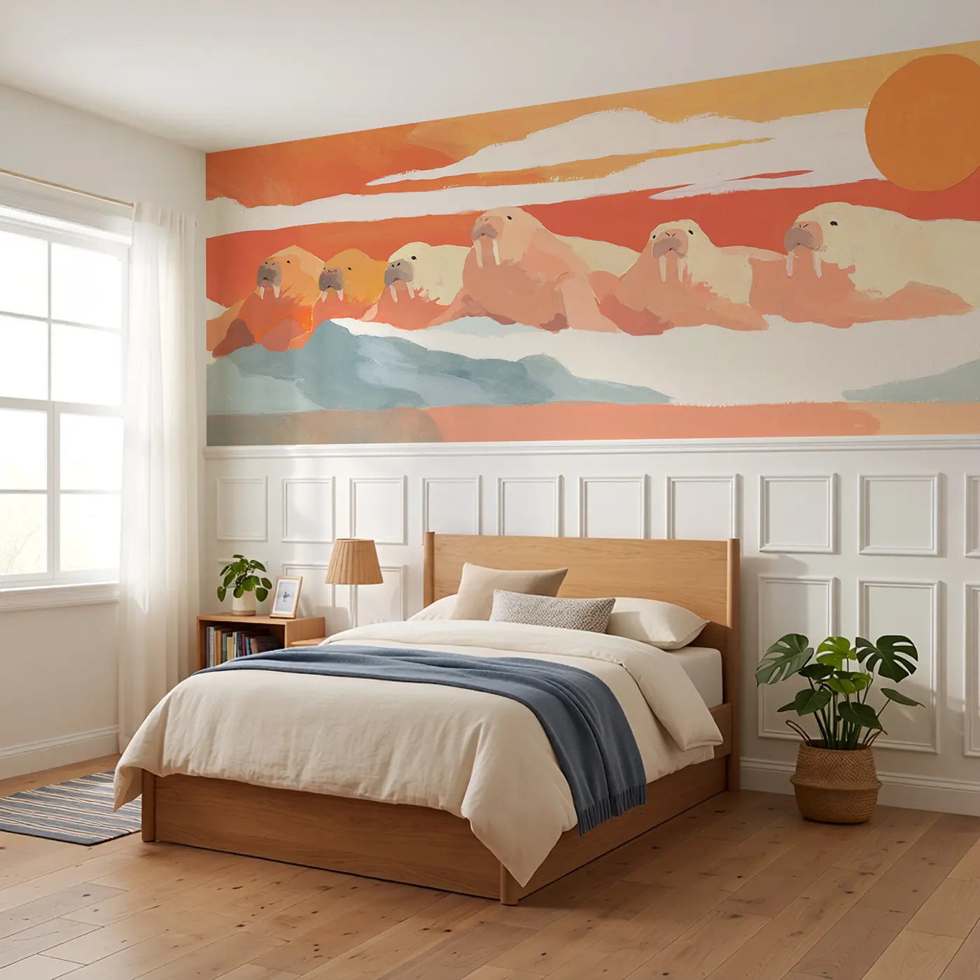 Graphic Orca Pod Whale Wainscoting Wallpaper styled in a kids bedroom by Whimsy Tots