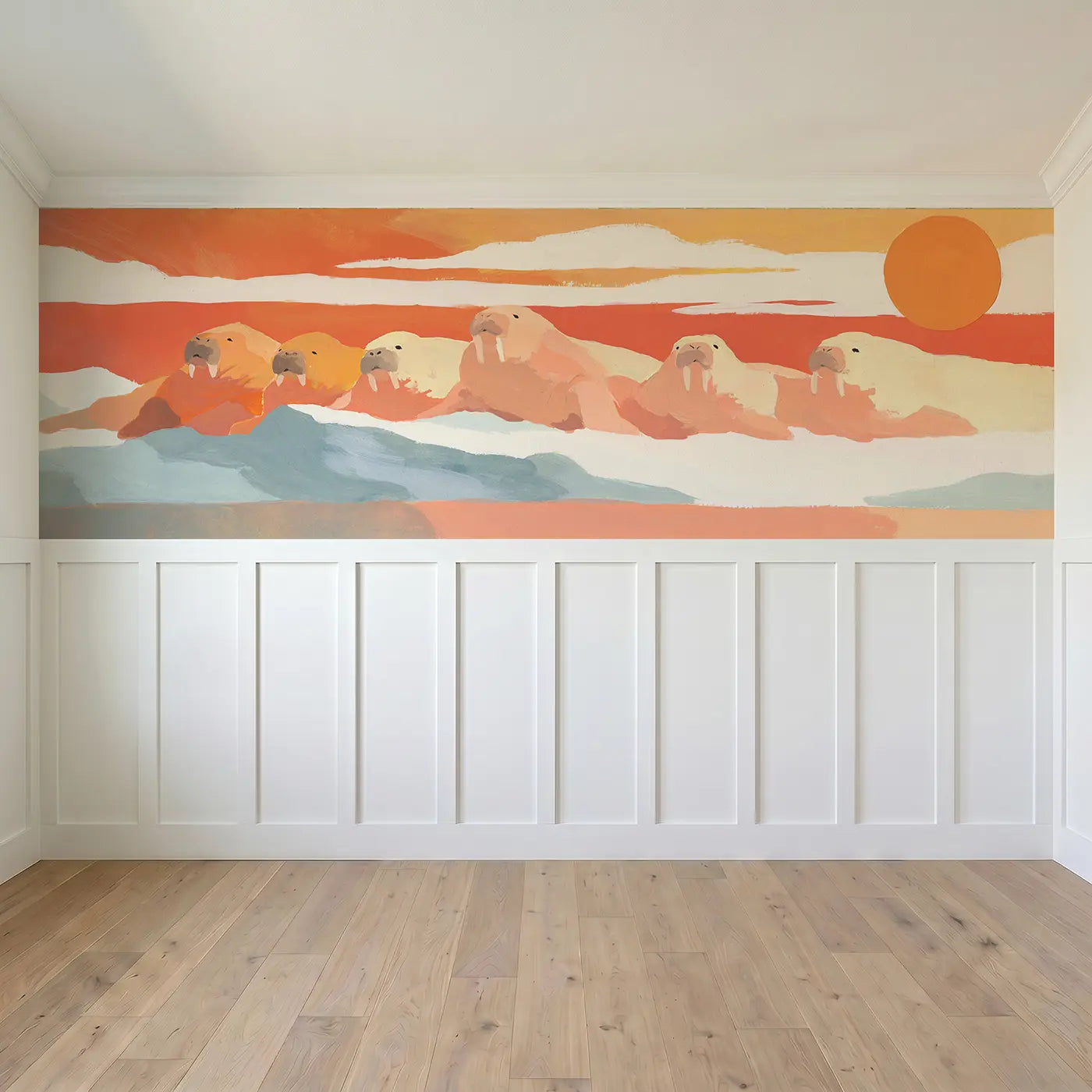 Full panel view of Graphic Orca Pod Whale Wainscoting Wallpaper by Whimsy Tots
