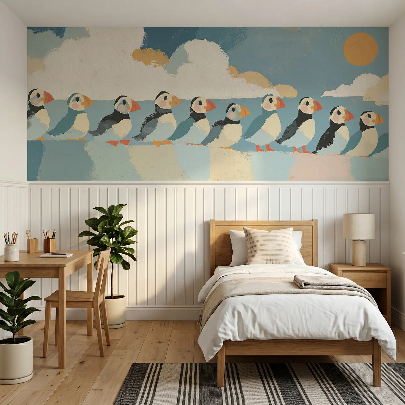 Modern Illustration puffin cliff scandi wainscoting wallpaper for bedroom by Whimsy Tots.