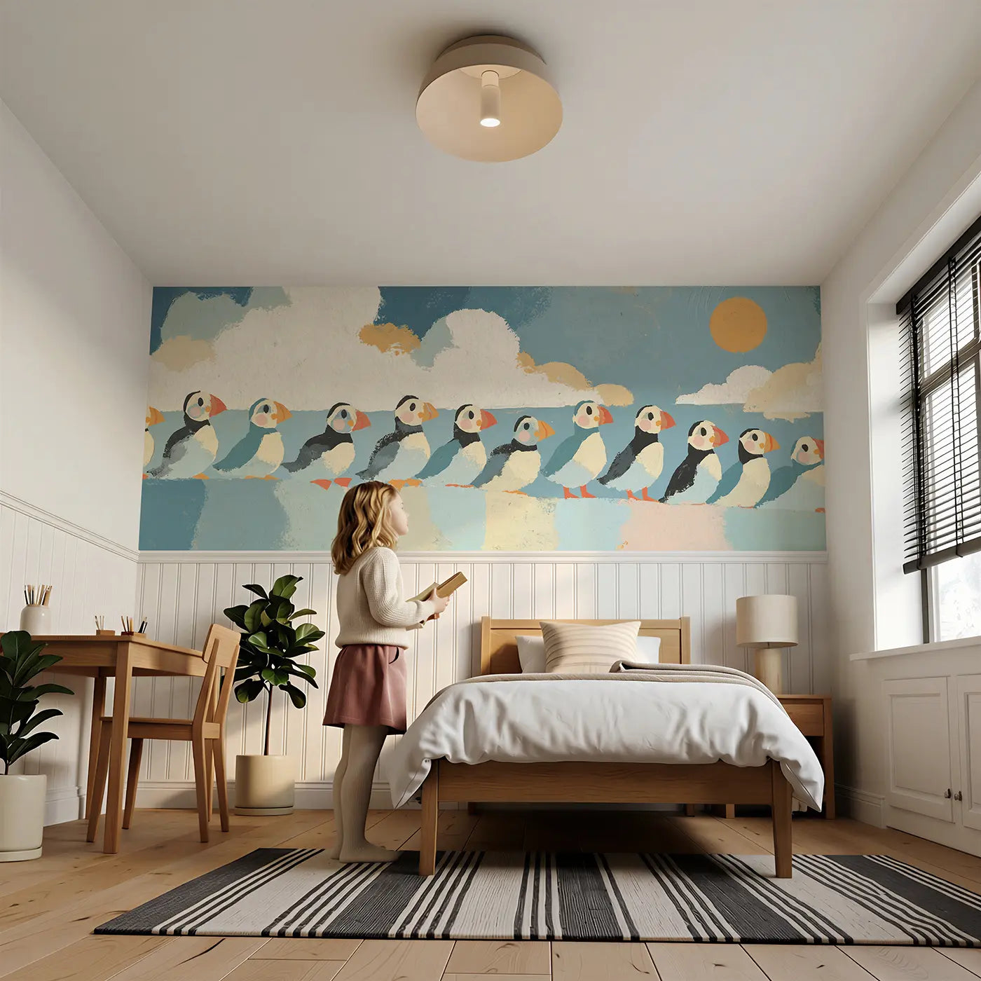Child reading near Bold Puffin Cliff Scandi Wainscoting Wallpaper by Whimsy Tots